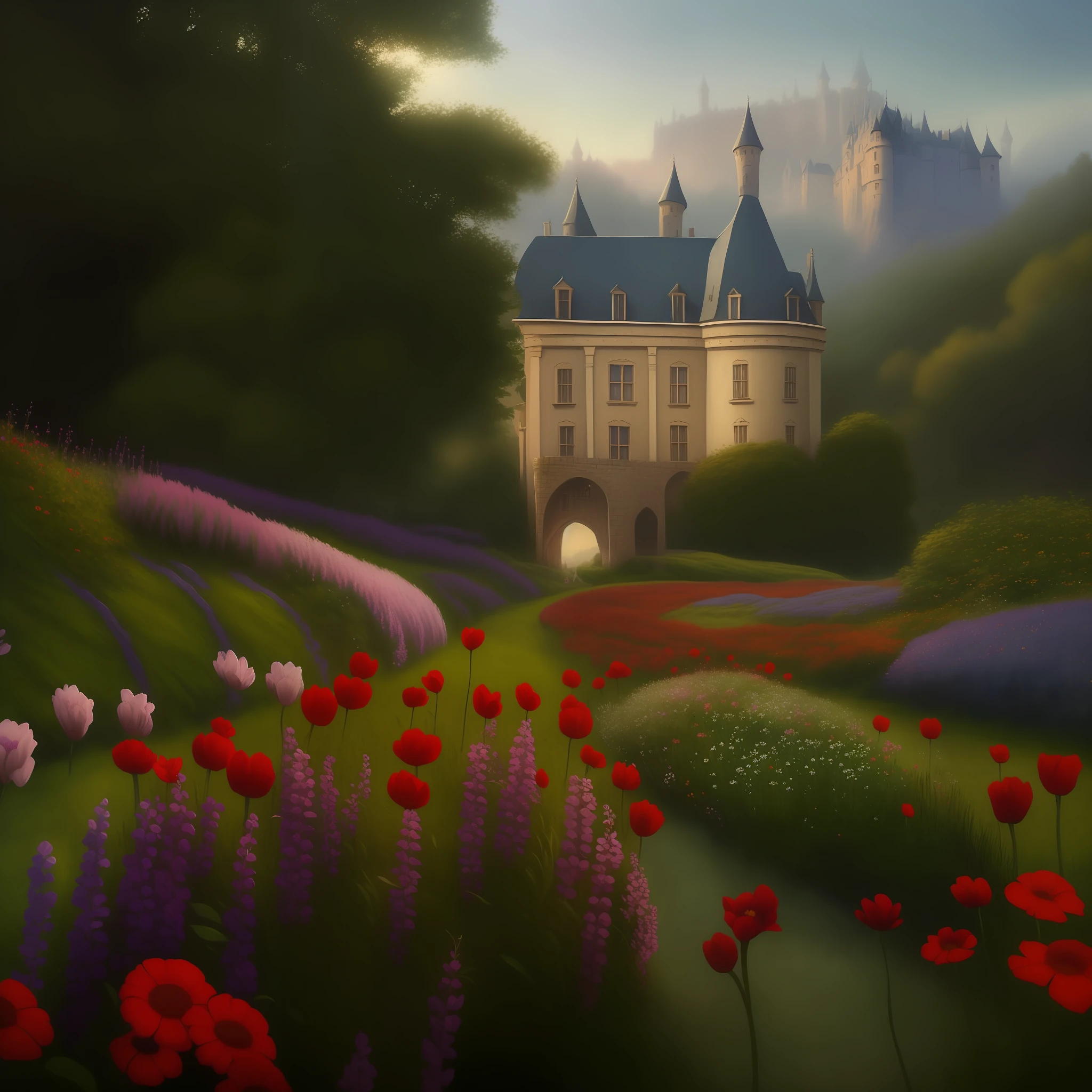 there is a painting of a castle in the middle of a field of flowers, inspired by Evgeny Lushpin, beautiful render of a fairytale, by Evgeny Lushpin, fairy tale place, inspired by Jakub Schikaneder, whimsical fantasy landscape art, inspired by Darek Zabrocki, thomas kincade, inspired by Raphael Lacoste, royal garden background