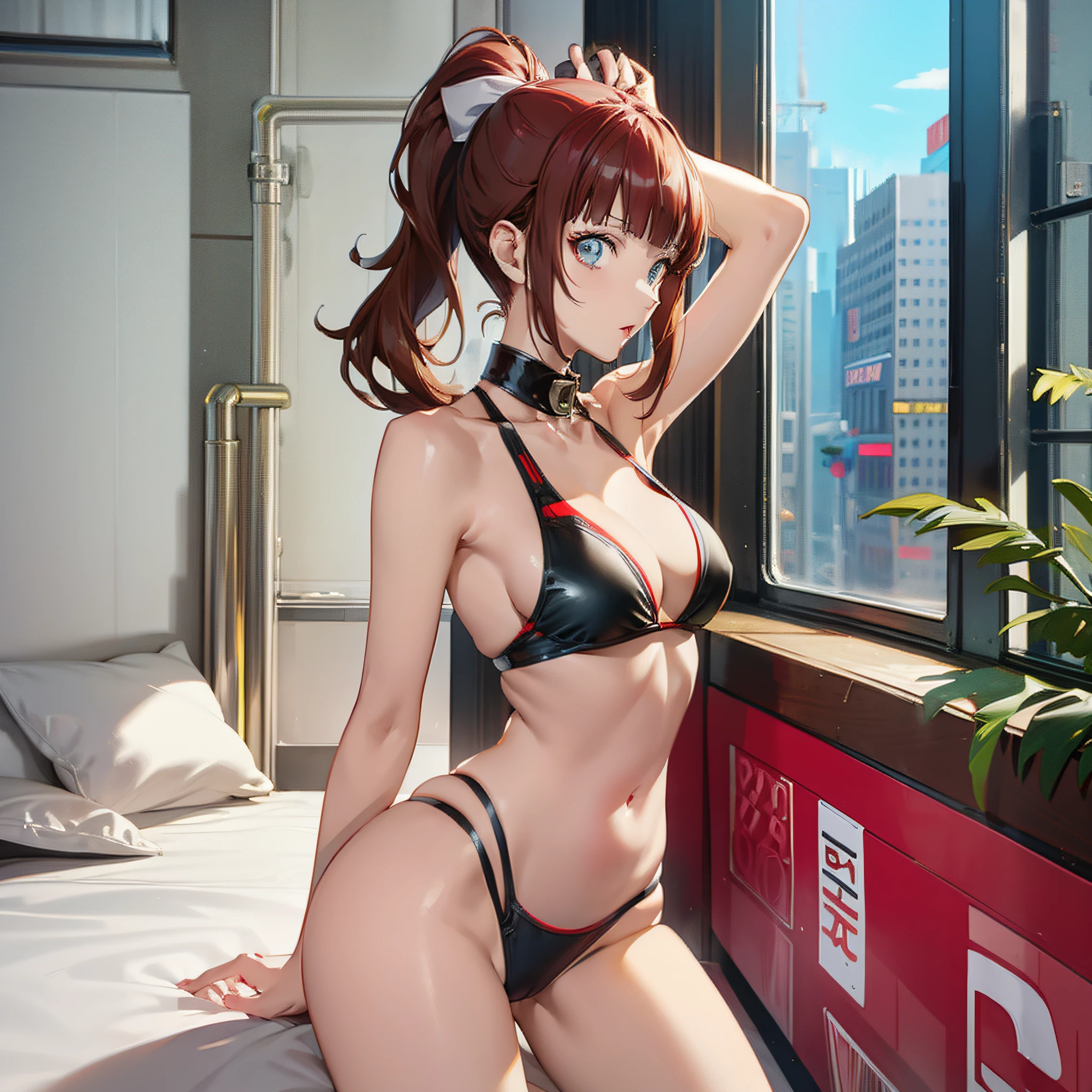 Persona 5 Art Style wlop, Persona 5 Art Style, Persona 5 Style, Kasumi Yoshizawa, Girl in Swimsuit, Full Length Image, High Image Quality, Ponytail, Small Breasts, Bangs, Smooth Thighs, Patsun, Top Quality, Ultra High Definition, Fine Eyes, Slender Legs, Fine Beautiful Eyes, 8K, White Bikini, Huge Ass