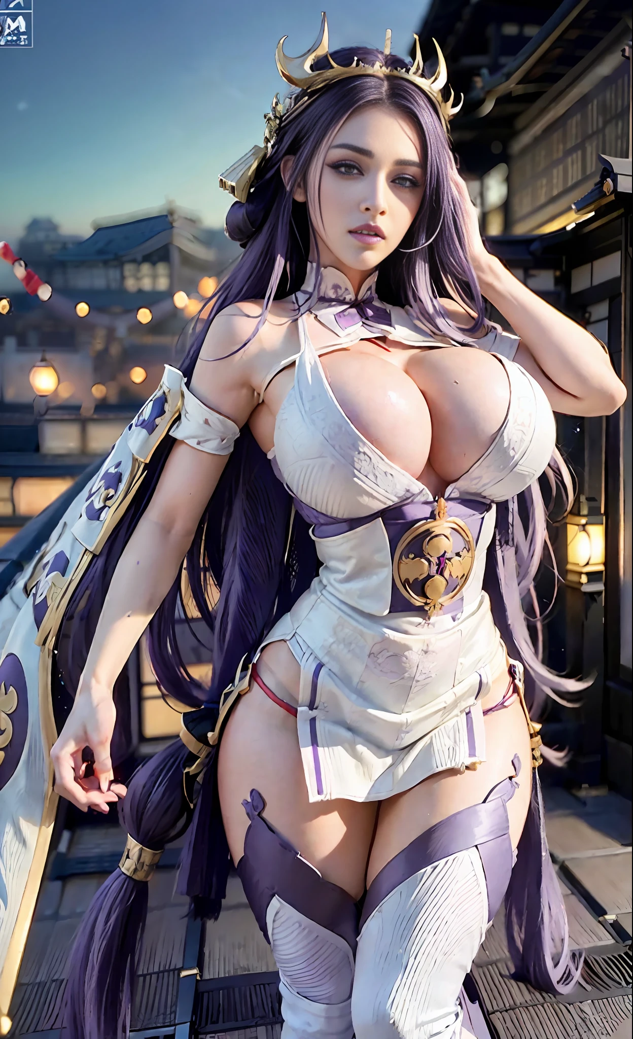 Unreal Engine 5 Realistic Rendering, ((portrait:1.2)), RaidenShogun, detailed clothes, white clothes, blunt bangs, braid, (huge breasts:1.1), cleavage, wide-sleeved kimono, hair ornament, white japanese clothes, (red obi:1.4), (purple hair:1.4), very long hair, straight hair, detailed face, cool face, (smooth chin:0.85), closed mouth, long eyelashes, sharp eyes, looking at viewer, beautiful eyes, detailed eyes, thick eyebrows, red eyeshadow, symmetry eyes, (ulzzang-6500:0.7), skirt, (from below:1.1), (kyoto castle:1.4), full figure, (rooftop:1.5), (star \(sky\):1.3), photon mapping, physically-based rendering, RAW photo, highly detailed background, high res, perspective, beautiful face, top body is hyper realistic thicc muscle and hyper largest_breasts!! with the type of boobs_melons, lower is huge buttocks, wet shiny body