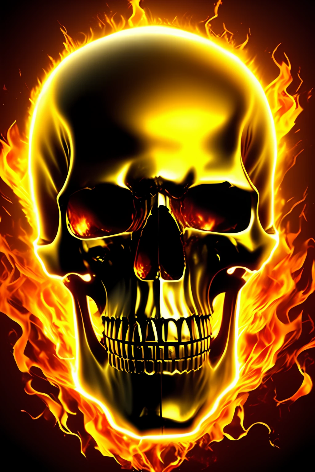 Skull, metal, high brightness, golden, 8k, high quality, melting, fire background, masterpiece,