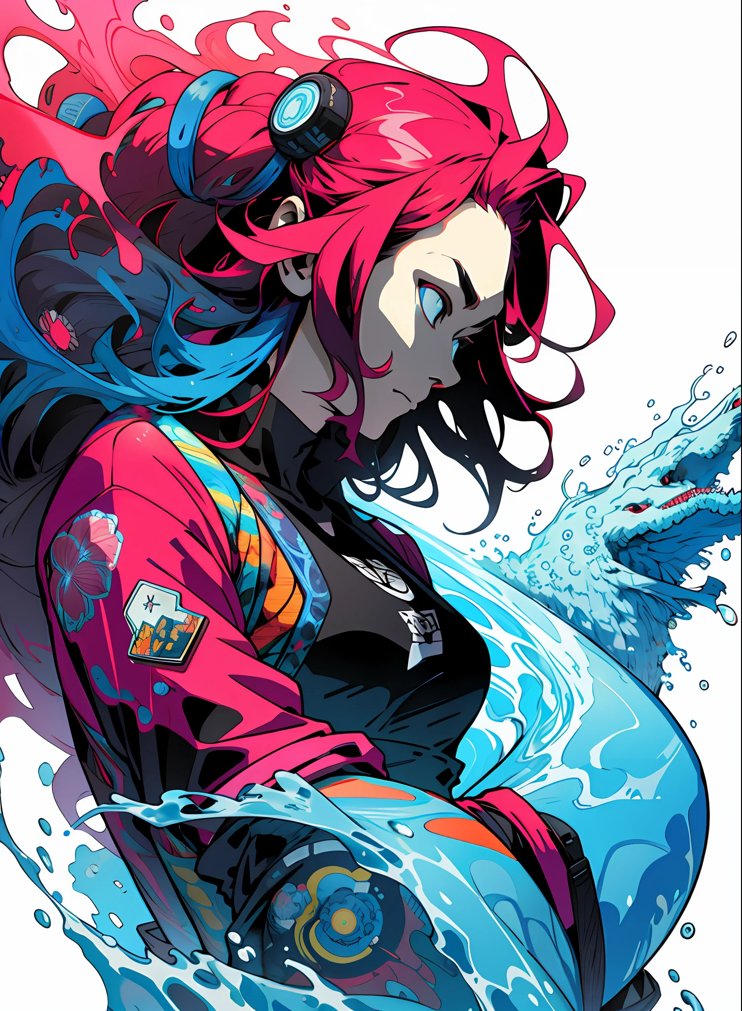 [Woman in pink bikini, big Murakami, sexy, long hair] Dan Mumford, Greg Lutkowski, James Jean, black background, fantasy art, mysterious, realistic, majestic, rich vivid colors, high contrast, seamless water brand, art station, deviant art, dribbling, red bubble, tea public, Sharp focus, simple, hyper detail, detailed drawing, vectorization, outline, isometric style, 8k.