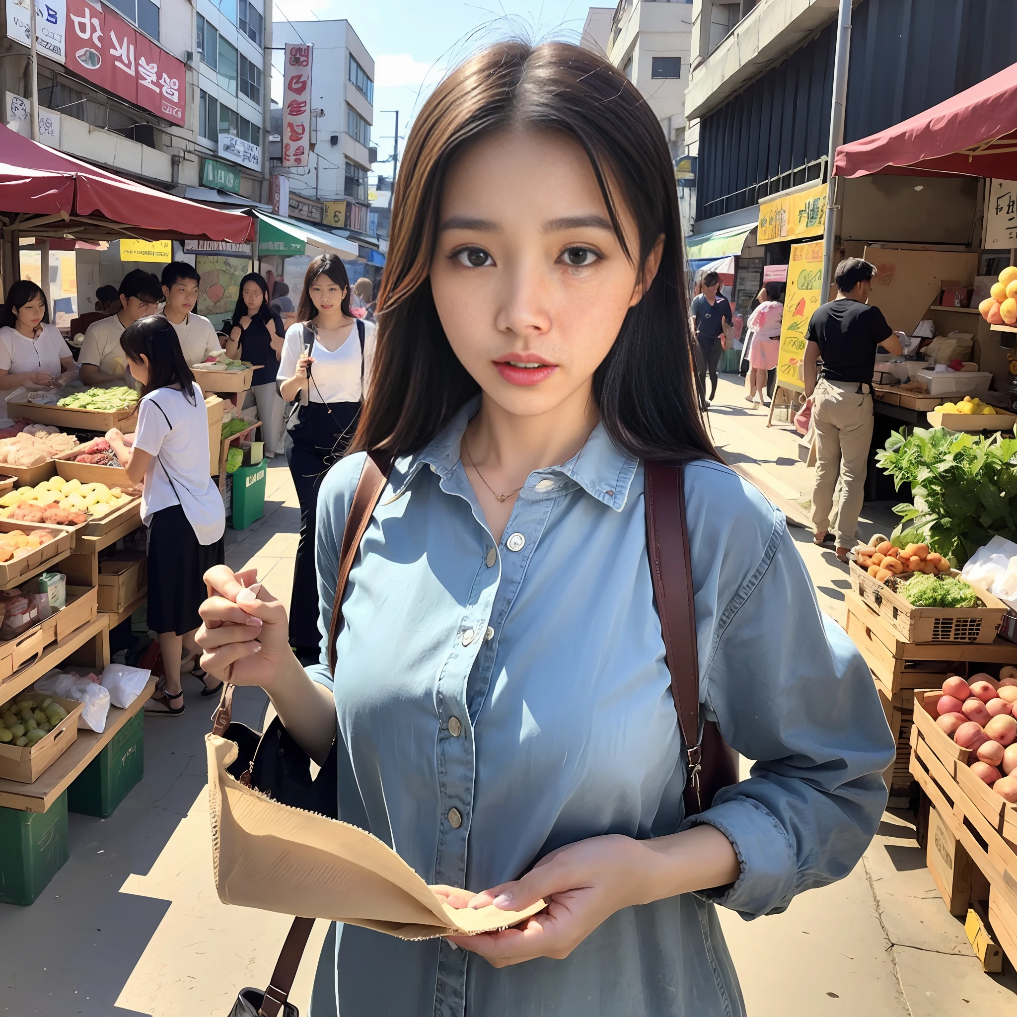 Korean woman in street market, front image, ((mouth insertion: 1.2)), cucumber contained, lewd expression, amazing beauty, detailed iris, (fidelity: 1.3), intricate details: 1.4, Nordic skin, award winning photo, photorealism, masterpiece, 8k ultra hd, DSLR, soft light, high quality, bokeh, 50mm lens, 2.4 f --auto --s2