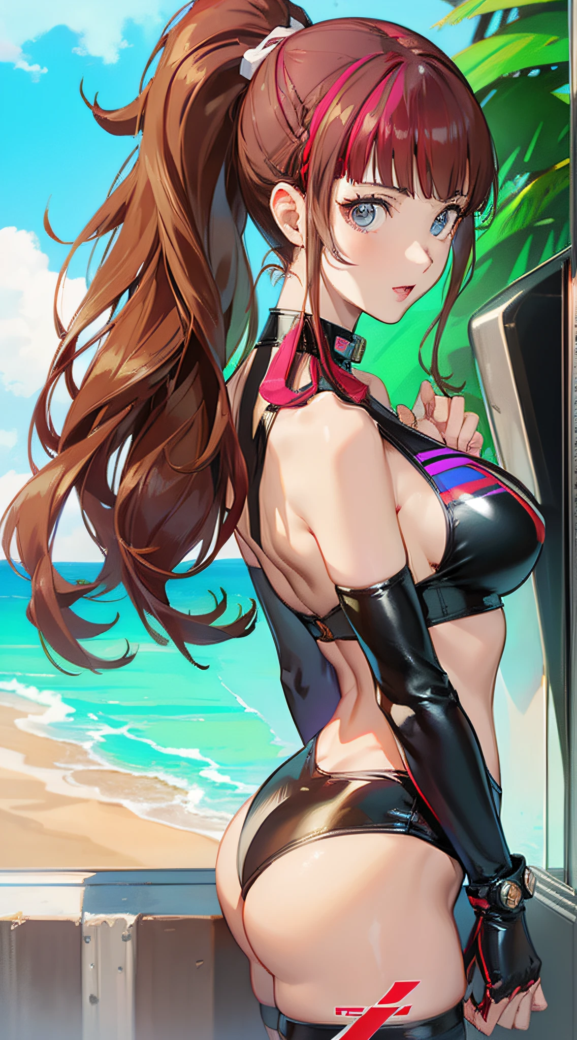 Persona 5 Art Style wlop, Persona 5 Art Style, Persona 5 Style, Kasumi Yoshizawa, Girl in Swimsuit, Full Length Image, High Image Quality, Ponytail, Small Breasts, Bangs, Smooth Thighs, Patsun, Top Quality, Ultra High Definition, Fine Eyes, Slender Legs, Fine Beautiful Eyes, 8K, White Bikini, Huge Ass