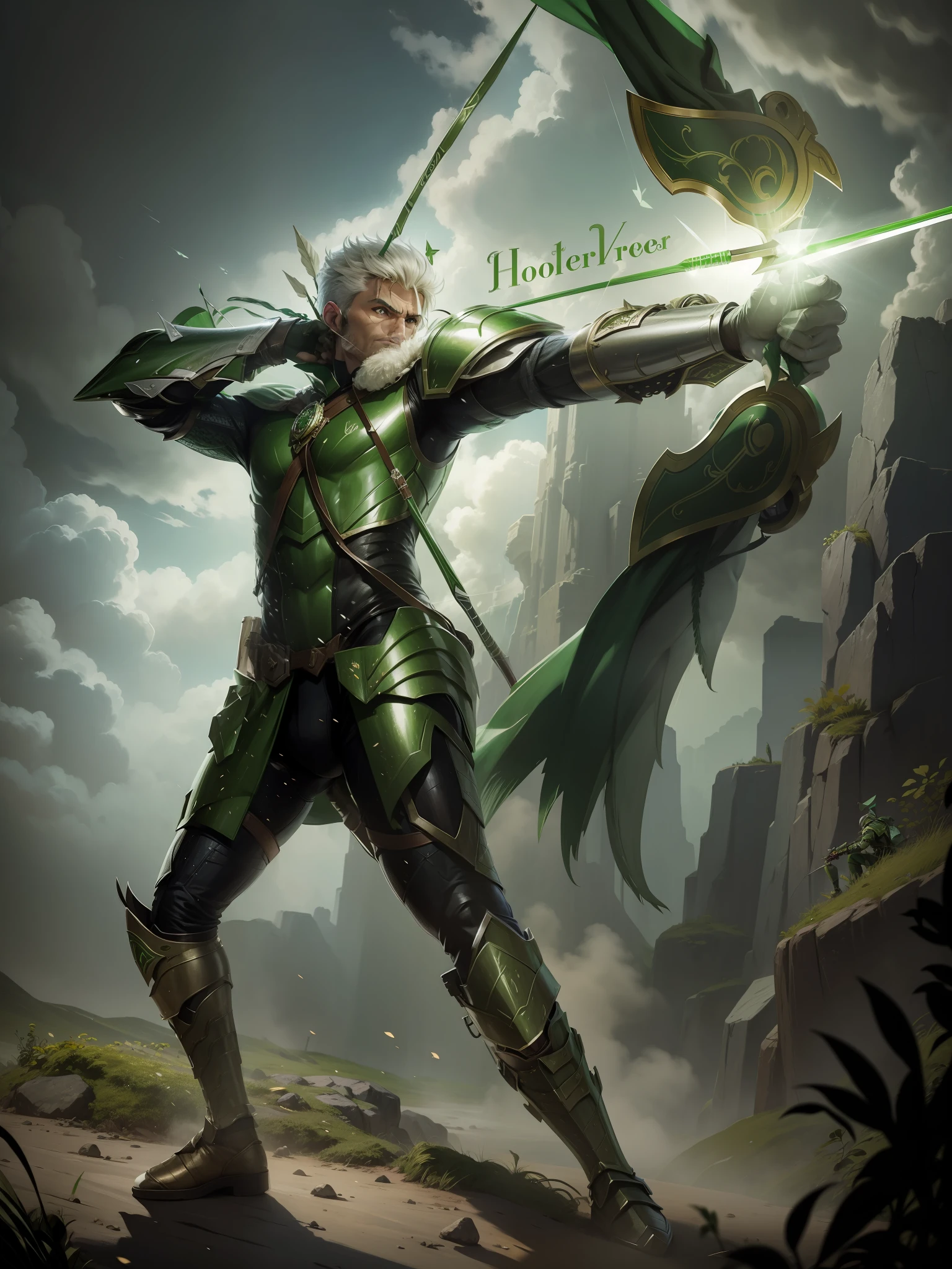 Archer wearing green armor and pointing his arrow