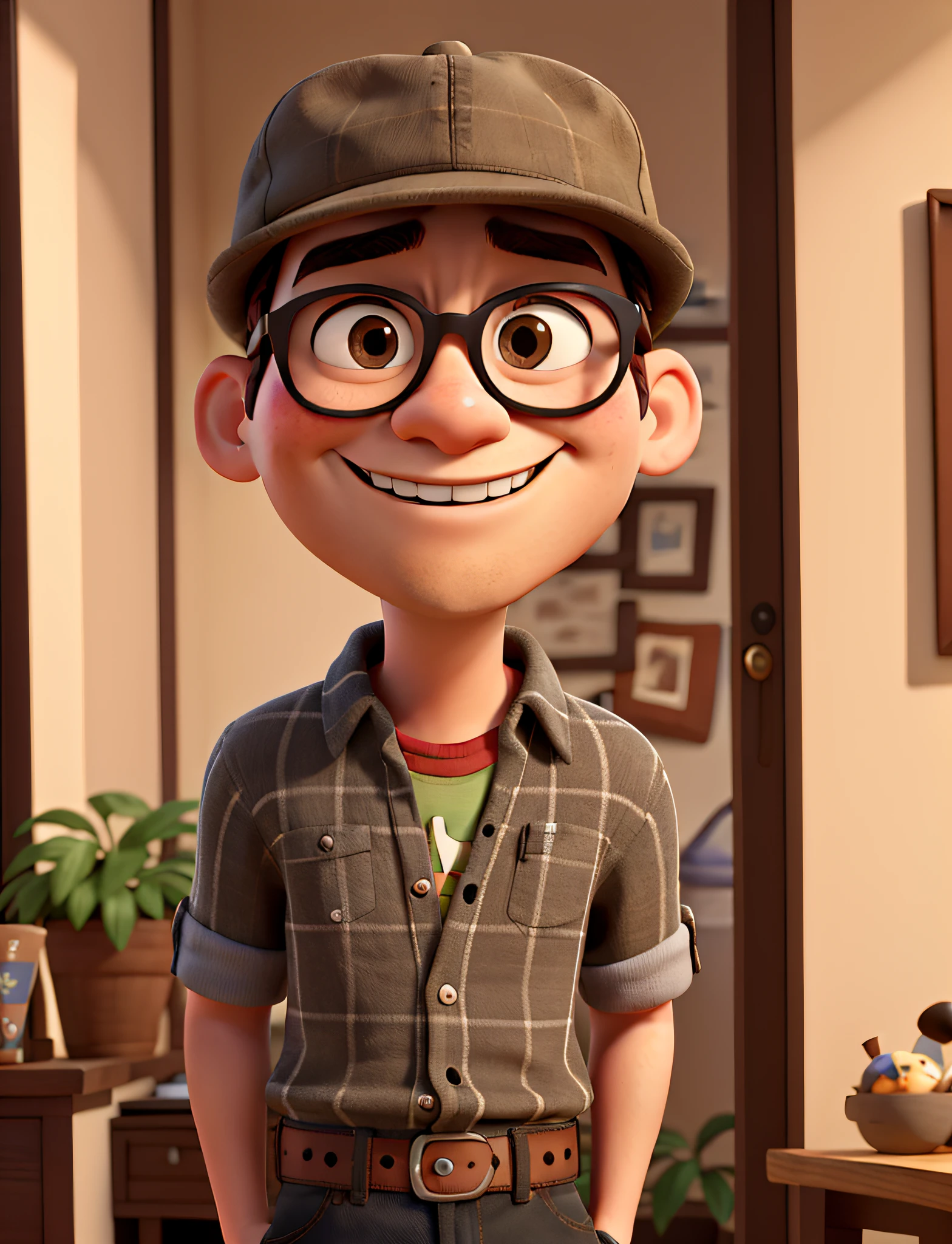 (Pixar 1.23 style) 1 Comedian ((upper body front, bust shot)), solo, funny man, brunette, short haircut, comical expression, neat casual clothes, black sunglasses, hat, korean, indoor, ((masterpiece, highest quality)), (composite lighting)