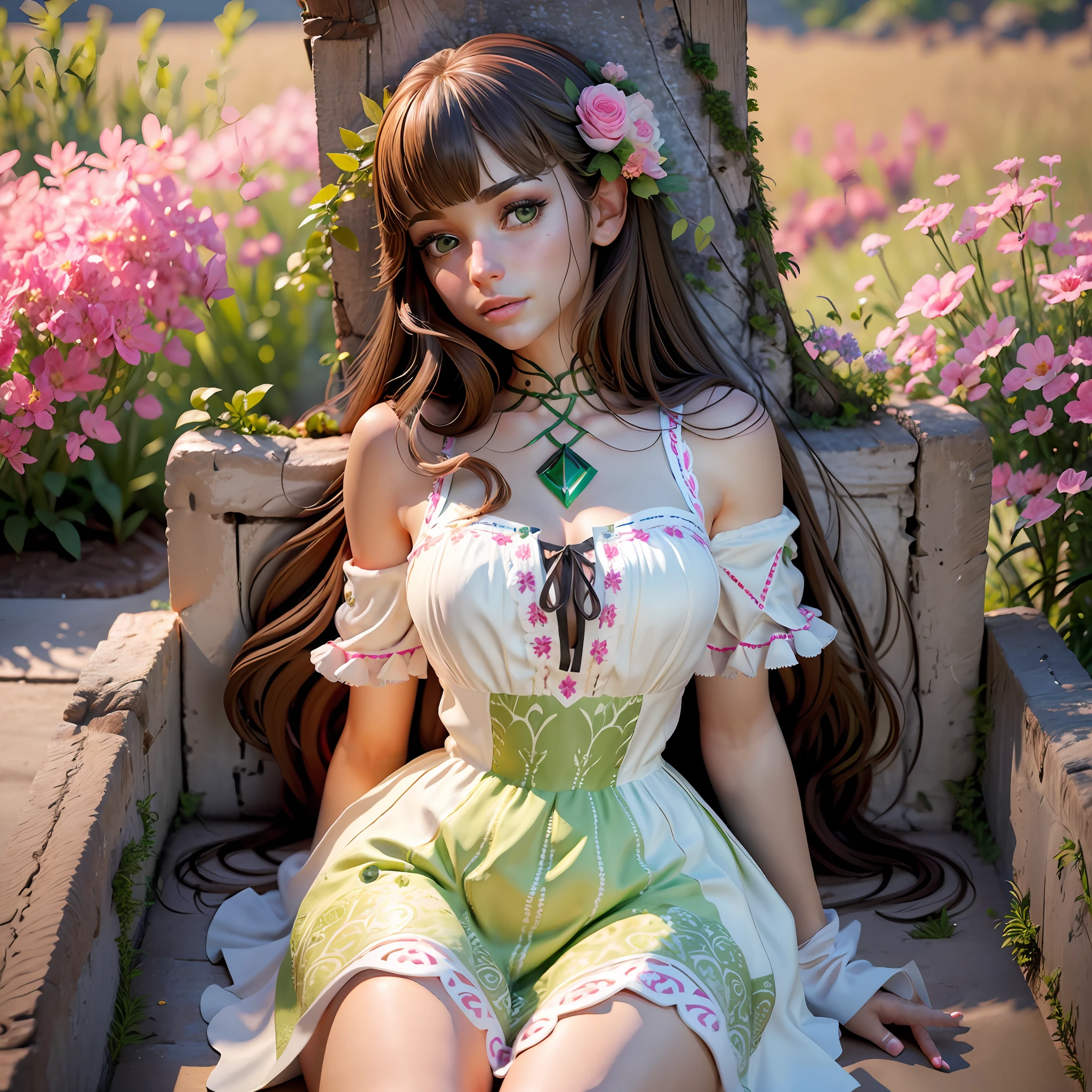 beautiful young woman, realistic body, intricate details, complex details, photorealistic, long hair not straight, green eyes, realistic, cgi, with floral dress square neck, dress to knees, brown hair, peach skin, short sleeves, pink painted nails, european ancestry, --auto --s2