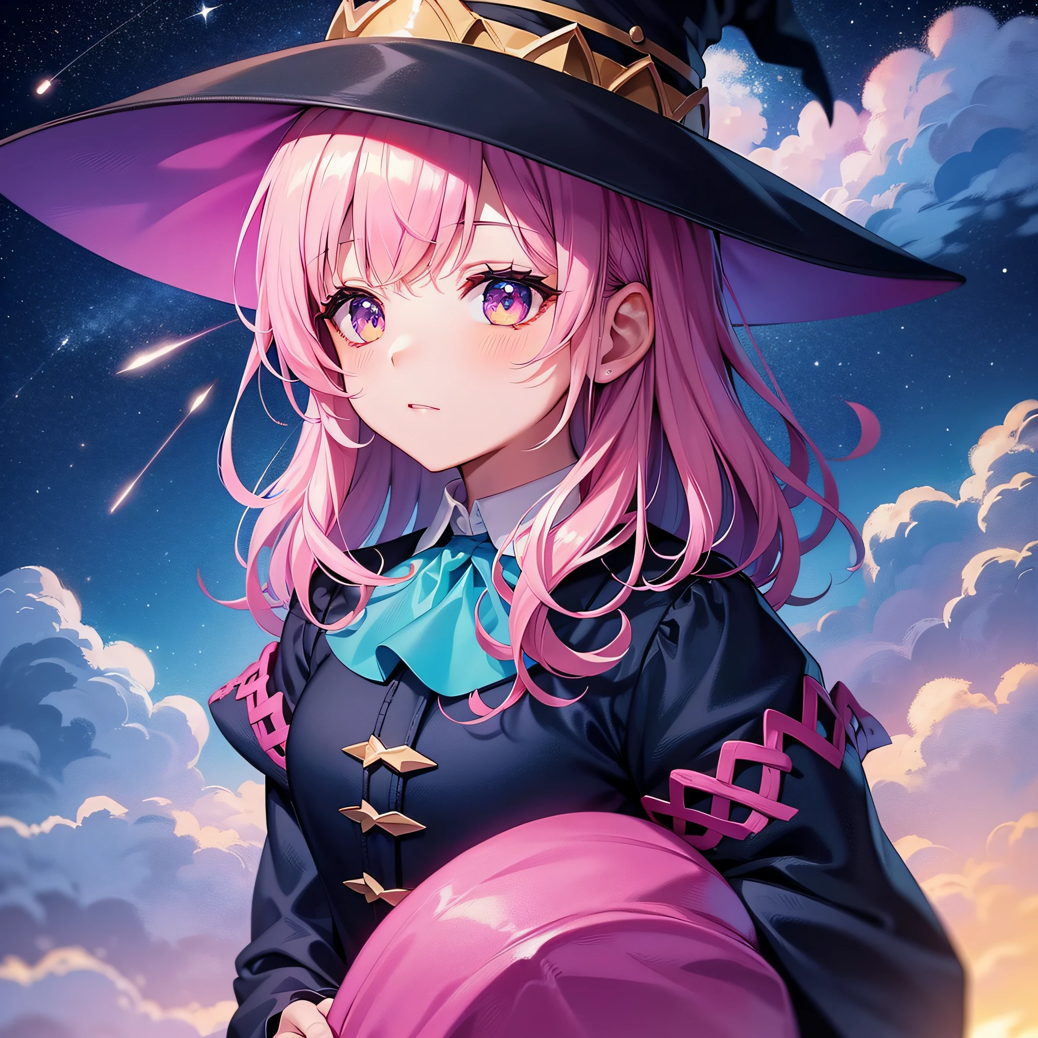 Witch, Cotton candy colors, witch hat, witch outfit, cloudy night, stars, shooting star, masterpiece, best quality