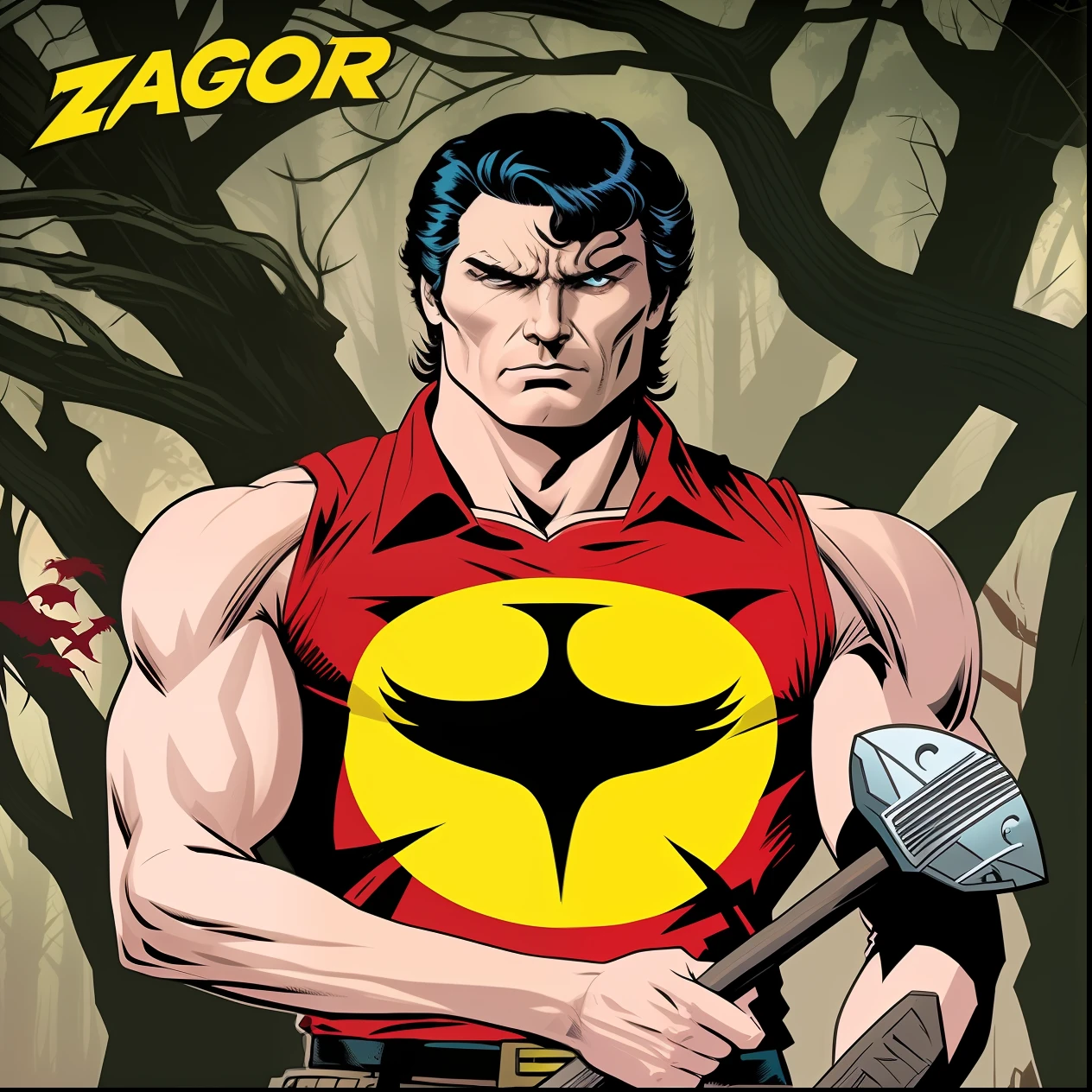 a closeup of a person holding a hammer near a tree, Zagor Comics, robin, with bionic arms, sam serious how to crush characters, dark setting, damian kryzwonos, brave, no text, archer, butcher billy, john redcorn, inspired by Neal Adams, neal adams | Portrait, Valiant Comics, Gooseman, Rambo, Neal Adams | Centered, Butcher Billy Style, Charles Burns, Cliff Chiang, Zagor Comics