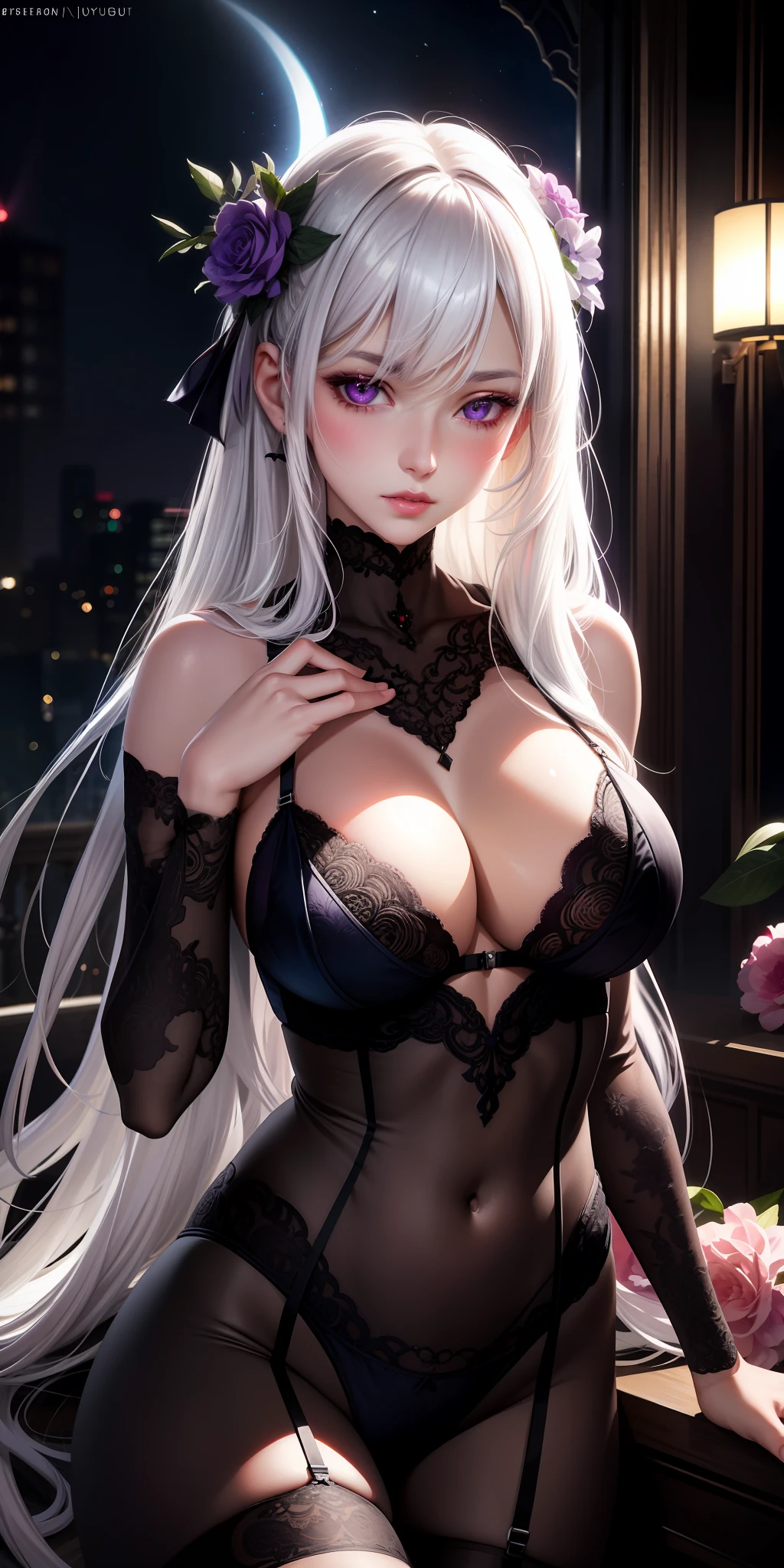 Realistic, 1girl, white hair, purple eyes, glowing eyes, three-point lingerie, big breasts, parted lips, blush, night, flowers, sun, sunlight, succubus