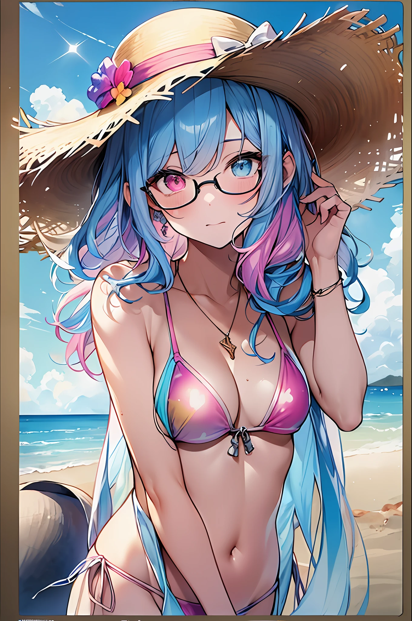 ((Masterpiece, Highest Quality, Best Quality, Watercolor Art (Pendant), Official Art, Beautiful and Aesthetic: 1.2)), (1 Girl: 1.3), (Fractal Art: 1.3), Full Body, (Glitter Pupil)), Pattern, (iridescent hair, Colorful hair, Half blue and half pink hair: 1.2)), Colorful, (Glasses), Writing, Heterochromia, (Colorful: 1.5), (((Swimsuit)), ((straw hat)), sea, sandy beach, clear sky, (((shy face)), ((micro bikini)), (standing)