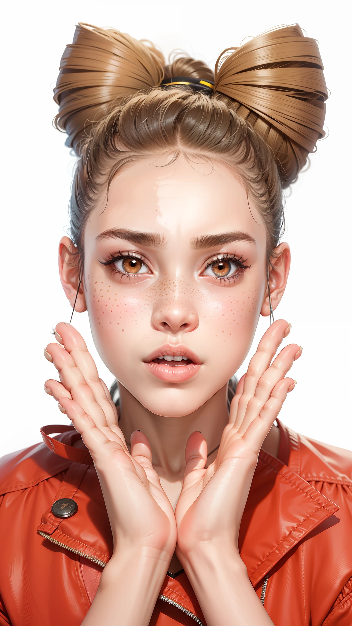 18 year old Mexican girl,(normal eyes 16k),Hair pigtails with bangs, detailed skin with freckles to cheek,small mouth fleshy lips,8k max resolution
