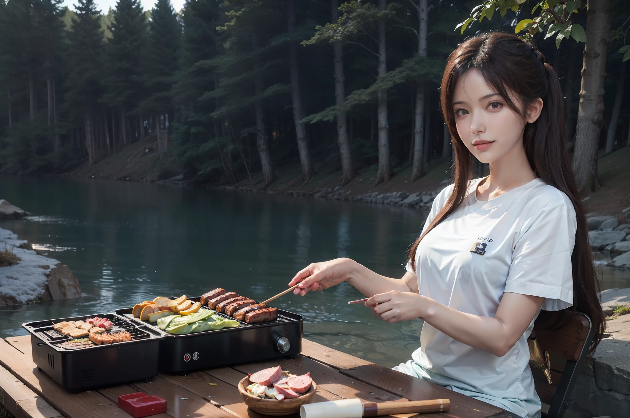 ((Best quality, 8k, Masterpiece :1.3)),photo realistic,
,1girl,long hair, black hair,extremely detailed eyes, masterpiece, best quality, ultra-detailed, soft lighting, looking at viewer, mature female, shy, (Aqua eyes),healthy, sporty, positive thinking,river side, round shaped stone on the river side,clear water of river, sitting and cooking at camping site, Grill the meat on the barbecue grill,The white smoke rises thinly from the meat, smiling, green forest behind of the river, blue sky, Dappled sunlight from trees,wearing white T shirts, There is a tent behind of the girl, girl is holding the base of the chopsticks