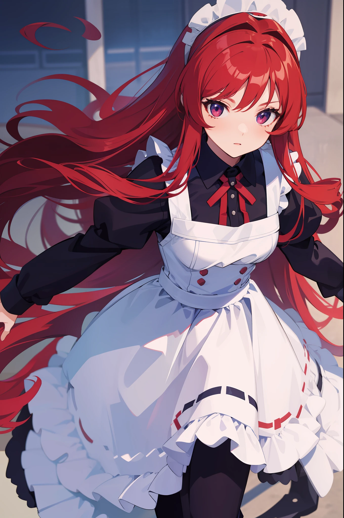 Woman with maid clothes, long hair, red hair, looking closely, eyes of different colors, high quality, high quality anime, 3d anime