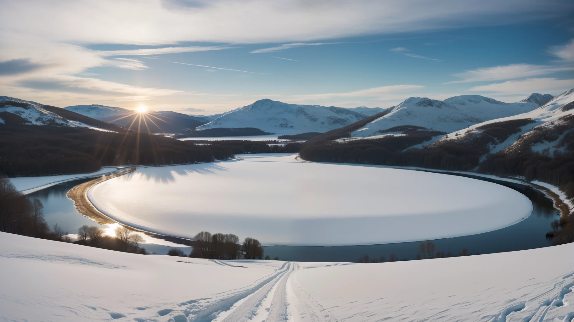 A scenery, a large lake and around there is a field covered by snow (((insane and complex details)))), beautiful landscape predominantly white. Sunlight radiates into the water. Cinematic lighting. Masterpiece. Hyperrealistic. High definition. Superior quality. Ultra HD.
