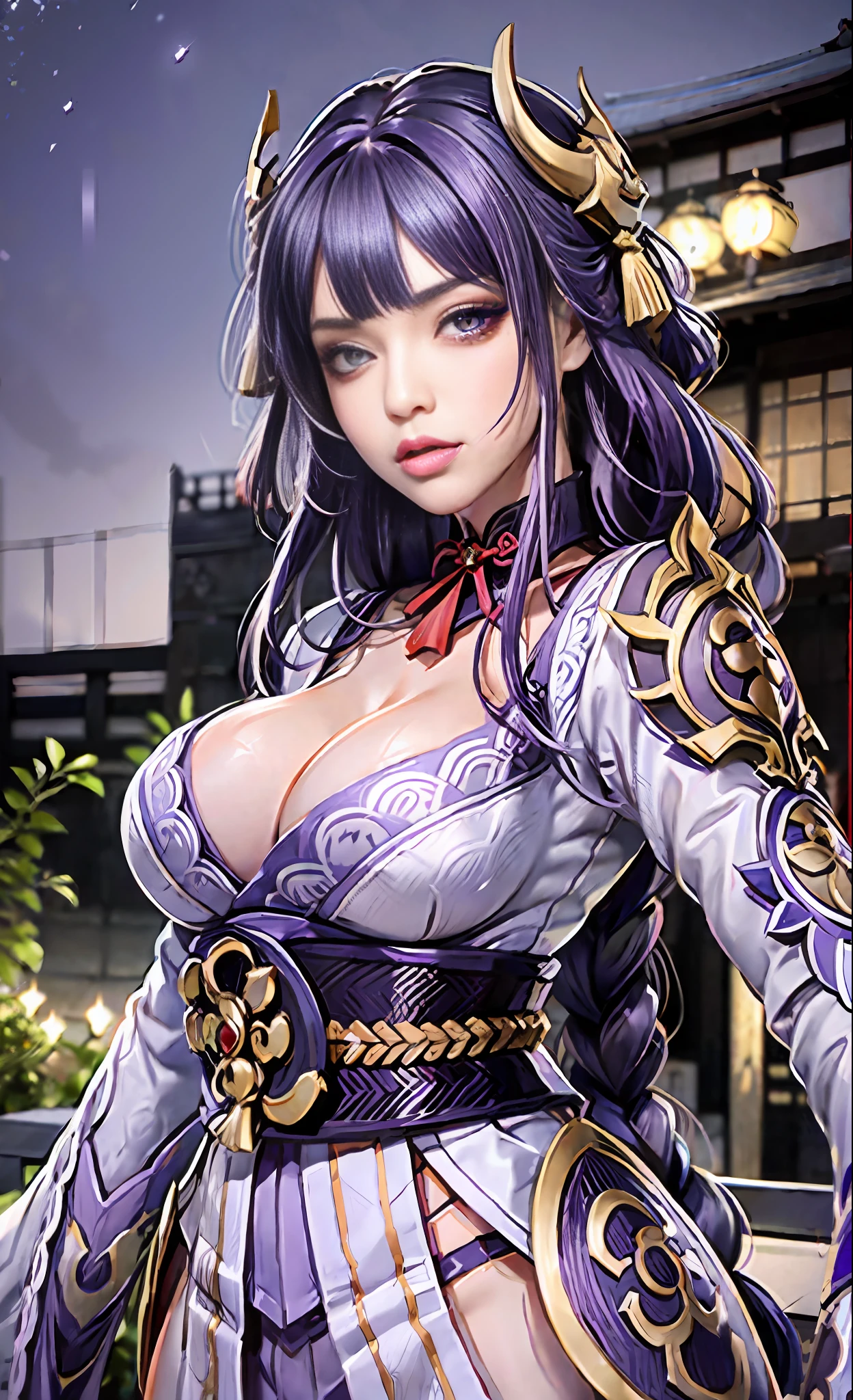 Unreal Engine 5 Realistic Rendering, ((portrait:1.2)), RaidenShogun, detailed clothes, white clothes, blunt bangs, braid, (huge breasts:1.1), cleavage, wide-sleeved kimono, hair ornament, white japanese clothes, (red obi:1.4), (purple hair:1.4), very long hair, straight hair, detailed face, cool face, (smooth chin:0.85), closed mouth, long eyelashes, sharp eyes, looking at viewer, beautiful eyes, detailed eyes, thick eyebrows, red eyeshadow, symmetry eyes, (ulzzang-6500:0.7), skirt, (from below:1.1), (kyoto castle:1.4), full figure, (rooftop:1.5), (star \(sky\):1.3), photon mapping, physically-based rendering, RAW photo, highly detailed background, high res, perspective, beautiful face, top body is hyper realistic thicc muscle and hyper largest_breasts!! with the type of boobs_melons, lower is huge buttocks, wet shiny body