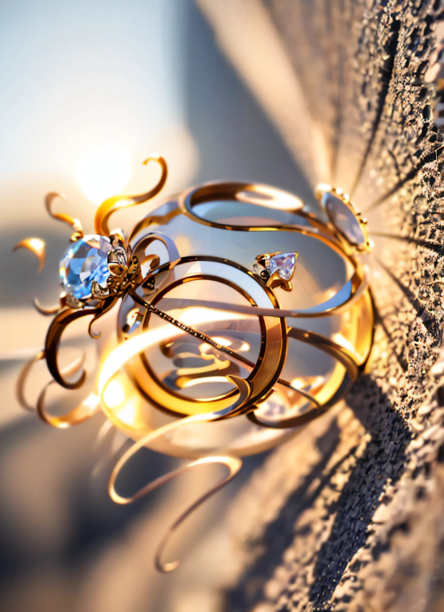 there is a close up of a ring with a diamond on it, rendered in keyshot, magic ring with a diamond, jewelry photography, art nouveau octane render, rendered in cinema 4 d, rendered in cinema4d, luxurious ornate golden jewelry, rendered in v-ray, gold ornate jewely, cycles render 4k, rendered in octane render, rendered in cgi