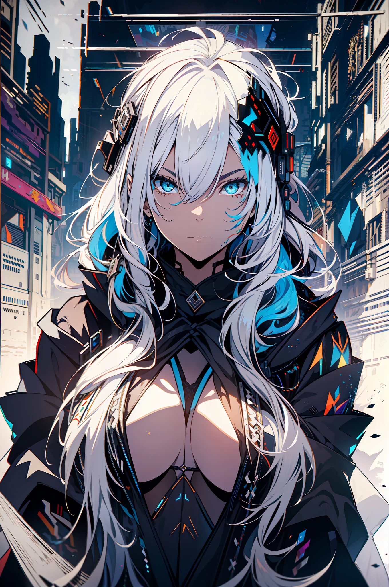 Cyberpunk woman, fantasy world, dark background, clean design, epic instagram, artstation, colorful paint splatter, silhouette, hyper detailed intricate details, unreal engine, fantasy, intricate details, splash screen, complementary colors, Fantasy concept art, 8k resolution, deviantart masterpiece, oil painting, heavy strokes, paint dripping, (isolated on white background: 1.3), rainbow skin, ((( young woman))), (glowing blue eyes), ((light eyes)), ((((long white hair: 1.1))), ((black clothes)), (((Wears high detail luxurious black robe))), white hair