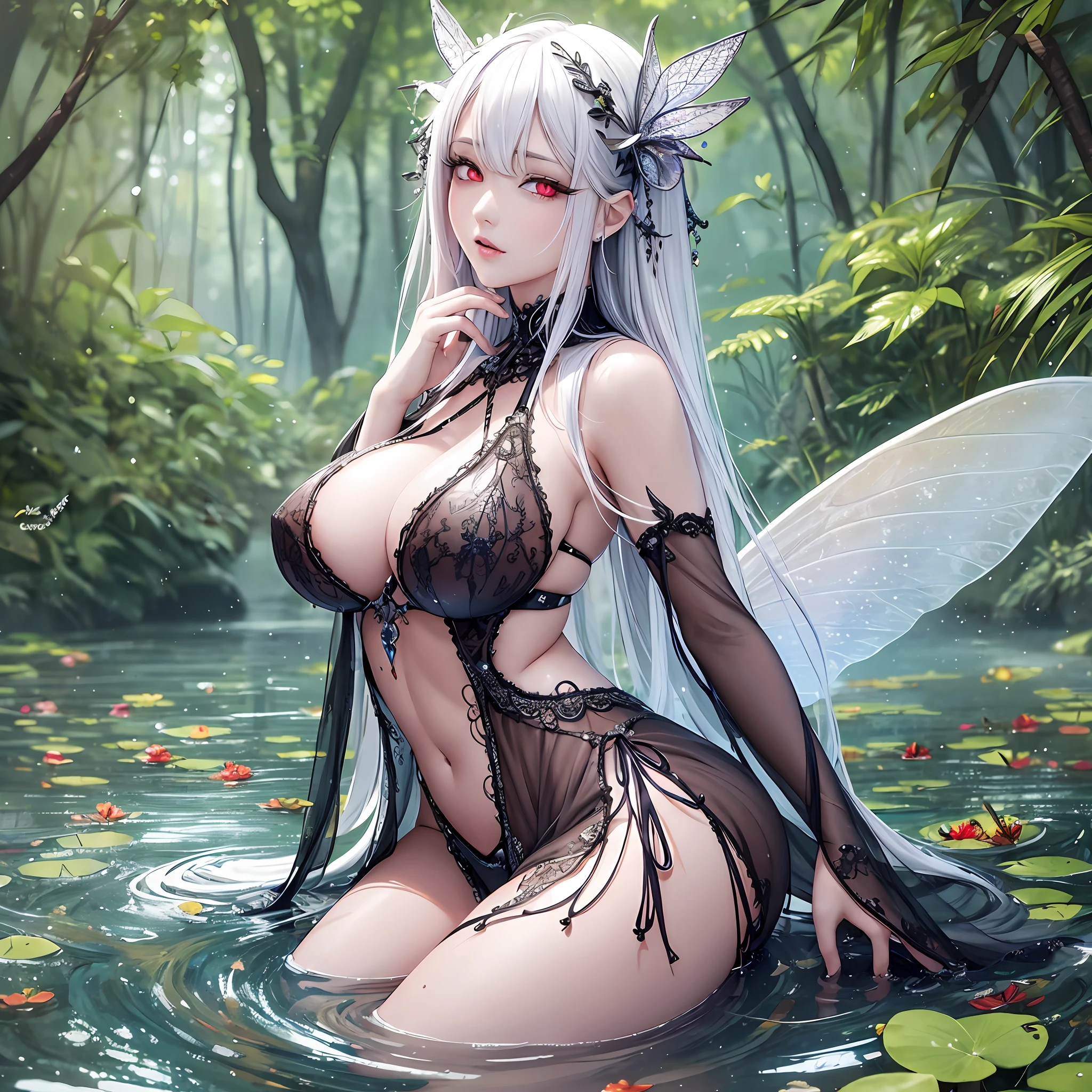Beautiful and sexy fairy, big breasts, floating in the water of a pond, red eyes, hyperdetailed pupil, detailed skin, white hair, clothes made apart from nature, hyperdetailed image --auto --s2