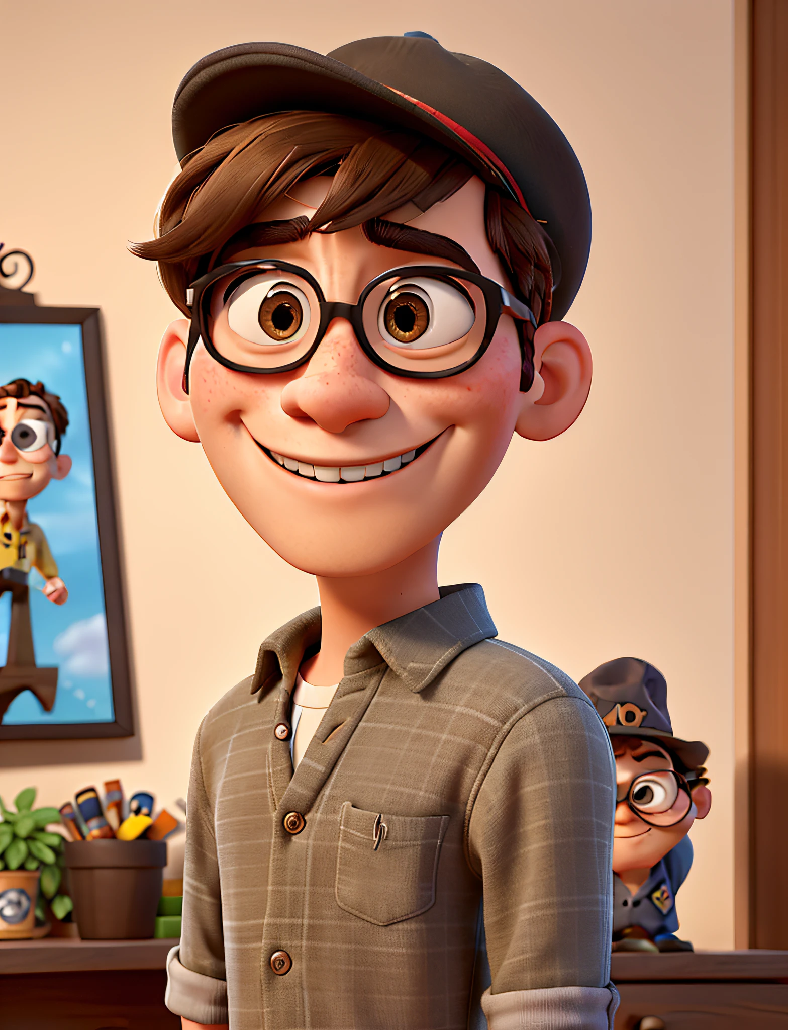 (Pixar 1.23 style) 1 Comedian ((upper body front, bust shot)), solo, funny man, brunette, short haircut, comical expression, neat casual clothes, black sunglasses, hat, korean, indoor, ((masterpiece, highest quality)), (composite lighting)