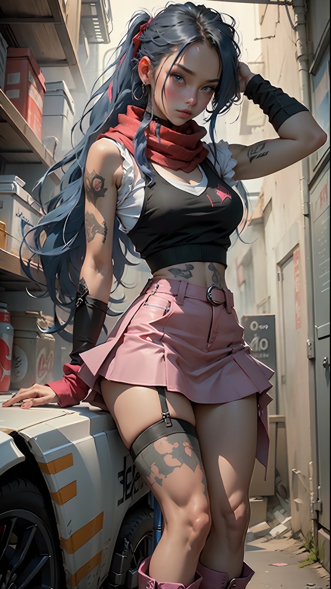 (masterpiece, best quality), 1girl, long hair, blue hair, white T-shirt, black vest, pink skirt, red scarf, tattoos, choker, pink riding boots, stockings, night