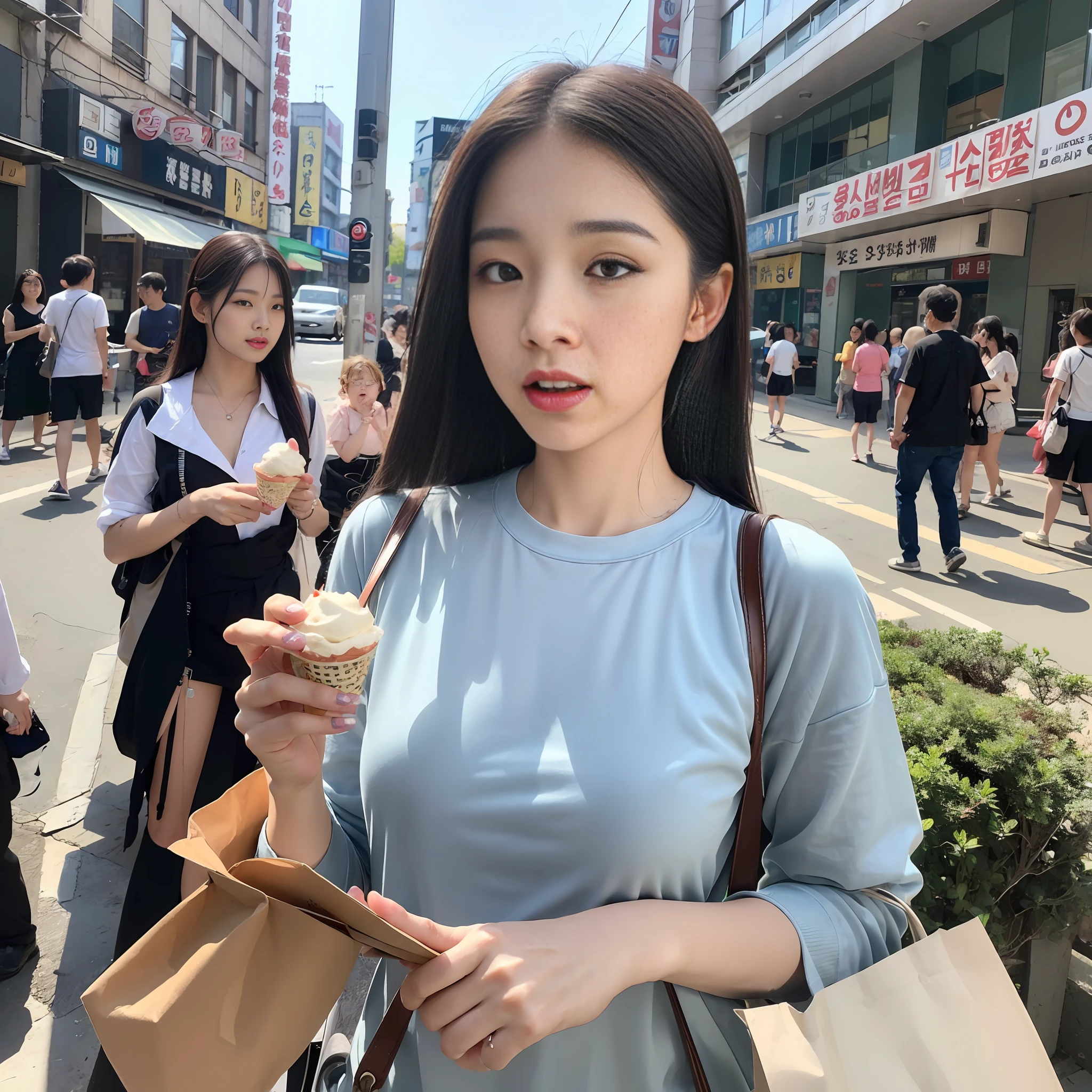 Korean woman on the street of Taipei, front image, ((mouth insertion: 1.2)), ice cream licking, lewd expression, amazing beauty, detailed iris, (realism: 1.3), intricate details: 1.4, Nordic skin, award winning photo, photorealism, masterpiece, 8k ultra hd, DSLR, soft light, high quality, bokeh, 50mm lens, 2.4 f --auto --s2