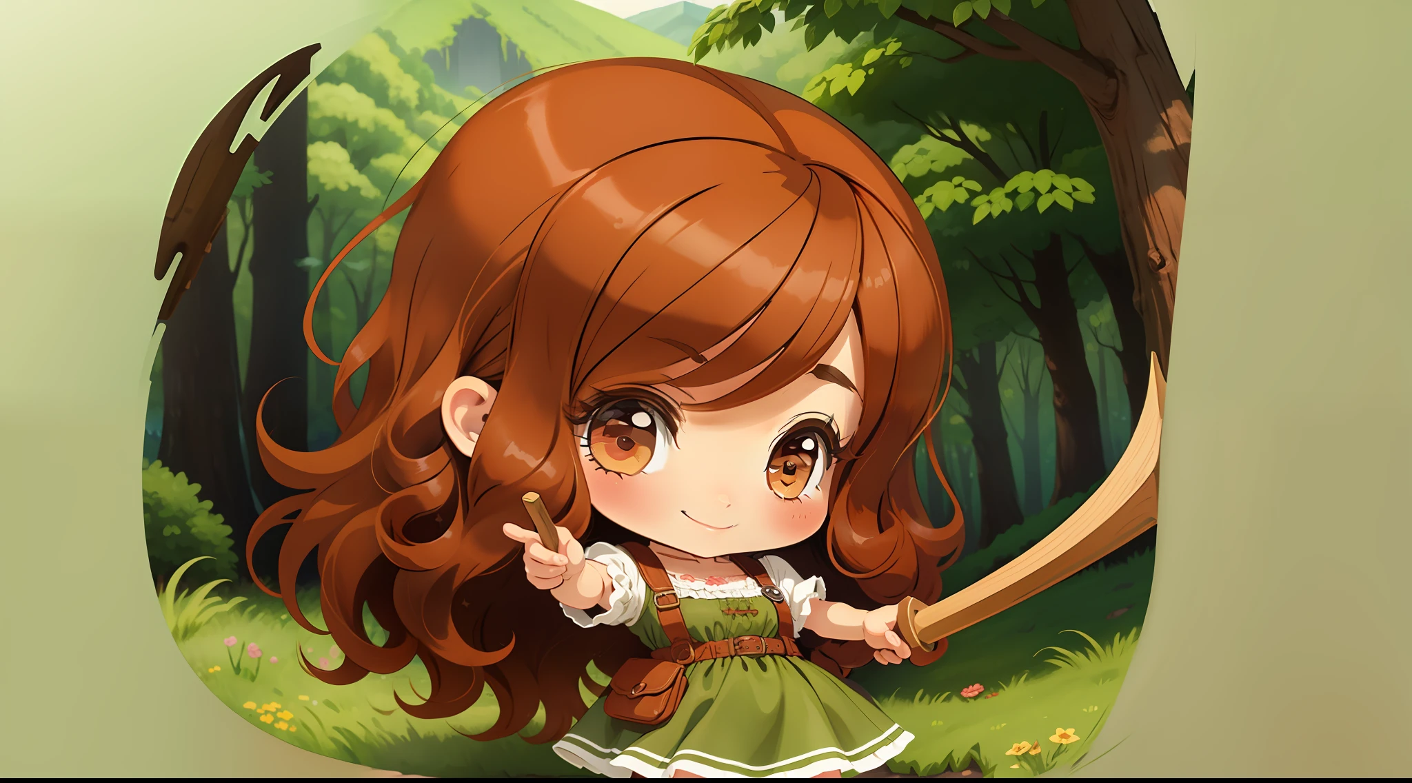 Chibi, adventurous girl, wavy hair in a coppery red hue, friendly light brown eyes, cheerful smile, light green dress, holding a pickaxe in hand, Stardew Valley scenery