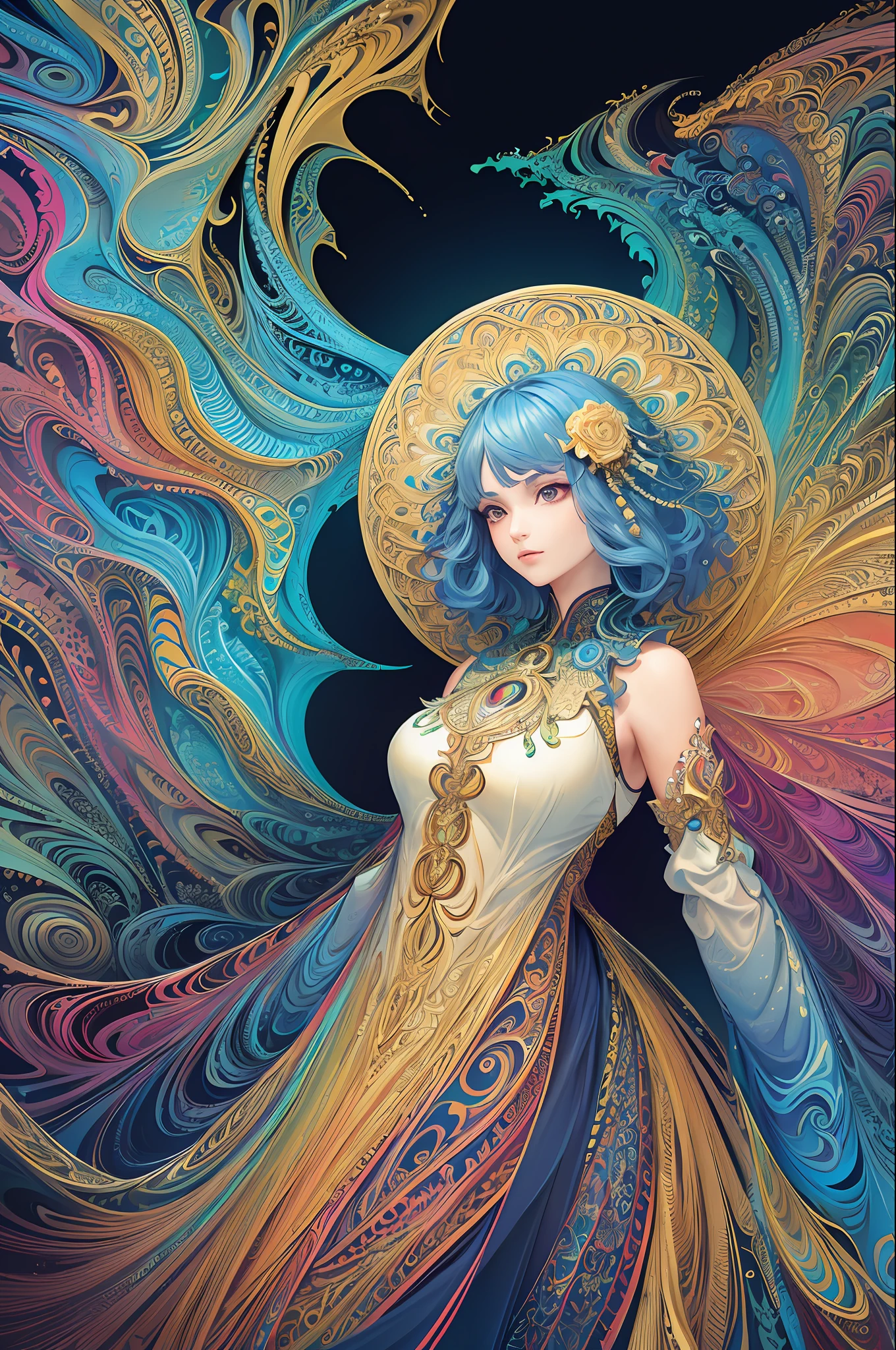 (masterpiece, top quality, best quality, official art, beautiful and aesthetic:1.2), (1girl:1.3), extremely detailed,(fractal art:1.2),colorful,highest detailed,(zentangle:1.2), (dynamic pose), (abstract background:1.5), (treditional dress:1.2), (shiny skin), (many colors:1.4), upper body