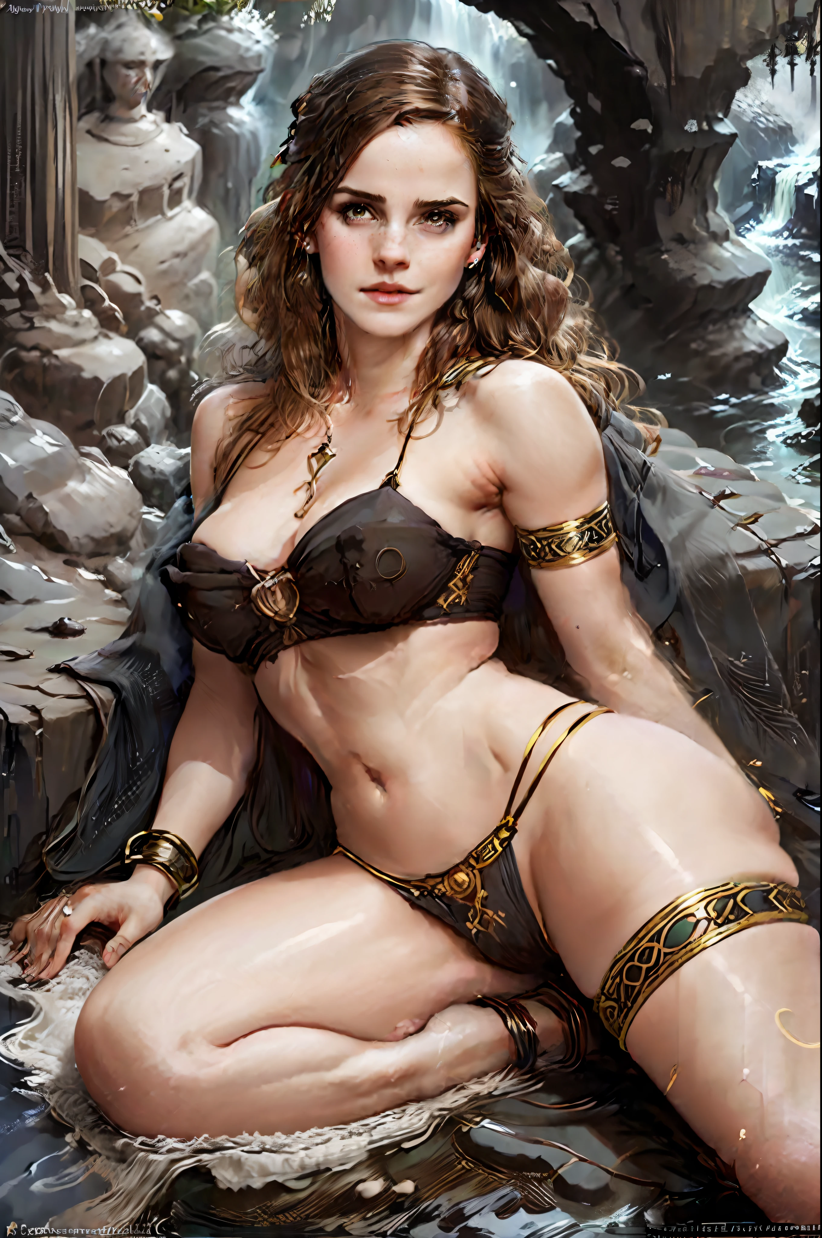 ((realistic:1.5)),((best quality)), ((masterpiece)),((detailed)), (1girl), {a beautiful female wearing a Sari}, (upper body:1.3),super-wide-angle lens,face focus, mature,sexy,toned muscles,long legs,curvy, barefoot, oversized firm breasts, open cleavage, drooping breasts, thick thighs,wide hips, thin legs, green eyes,long black hair,floting hair,long eyelashes, (detailed face,beautiful eye, detailed pupilss,detailed clothes features, clear background:1.3), (Bindi,Jhumkas:1.3), (Armlet, Haar, Payal,Maang Tikka,Jhumkas,Kamarband,Bangles:1.3), mysterious ancient ruin, lush forests, deep canyons,bridge,river,cliff,cloud, lakes,rock,waterfalls, flowers, grass, fog,vine,tree, smoke, best shadow,bright details,sharp,perfect composistion, Intricate, Sharp focus, dramatic, by Frank Frazetta,by Julie Bell,by Olivia De Berardinis,by Luis Royo,by boris vallejo, (specular lighting:1.3),rim light, princesses, royal skimpy underwear, random red/gold color, laying on the floor, spooning her friend, thirsty face, erotic face, lips open, almost undressed, underwear slid down, attended by servants, bodyguard, servant, gasping, breathing hard, fist clenched
