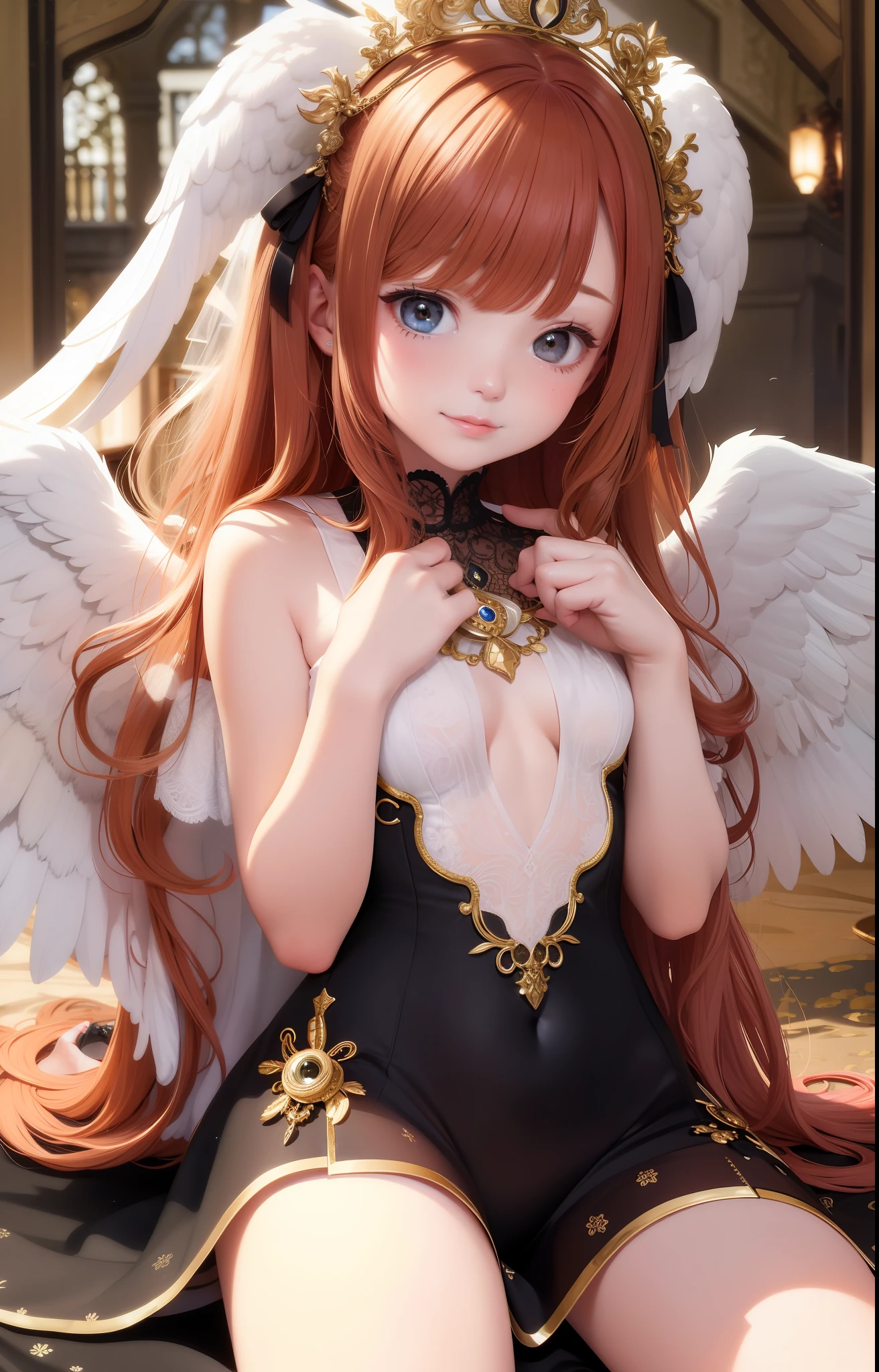 masterpiece, best quality, 1girl, feathers, angels, halos, pure white, tenderness, smile, sanctuary, curly hair, black eyes, redhead