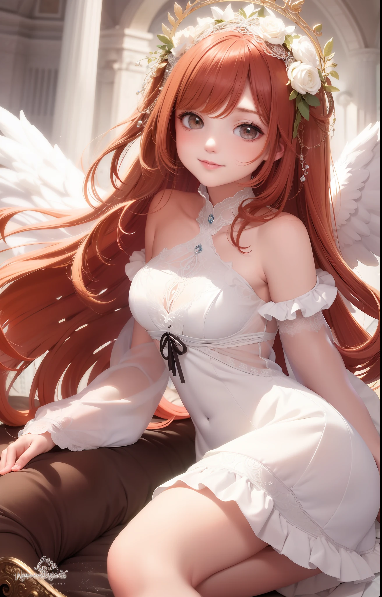 masterpiece, best quality, 1girl, feathers, angels, halos, pure white, tenderness, smile, sanctuary, curly hair, black eyes, redhead