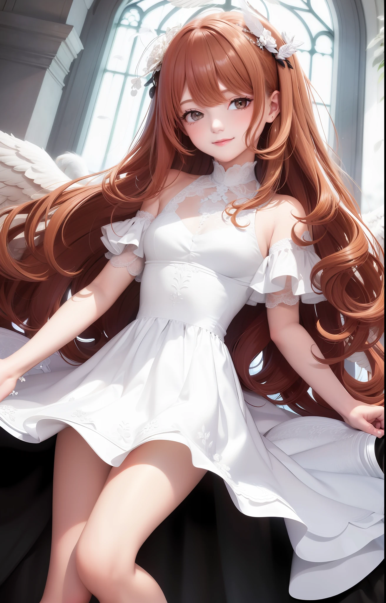 masterpiece, best quality, 1girl, feathers, angels, halos, pure white, tenderness, smile, sanctuary, curly hair, black eyes, redhead