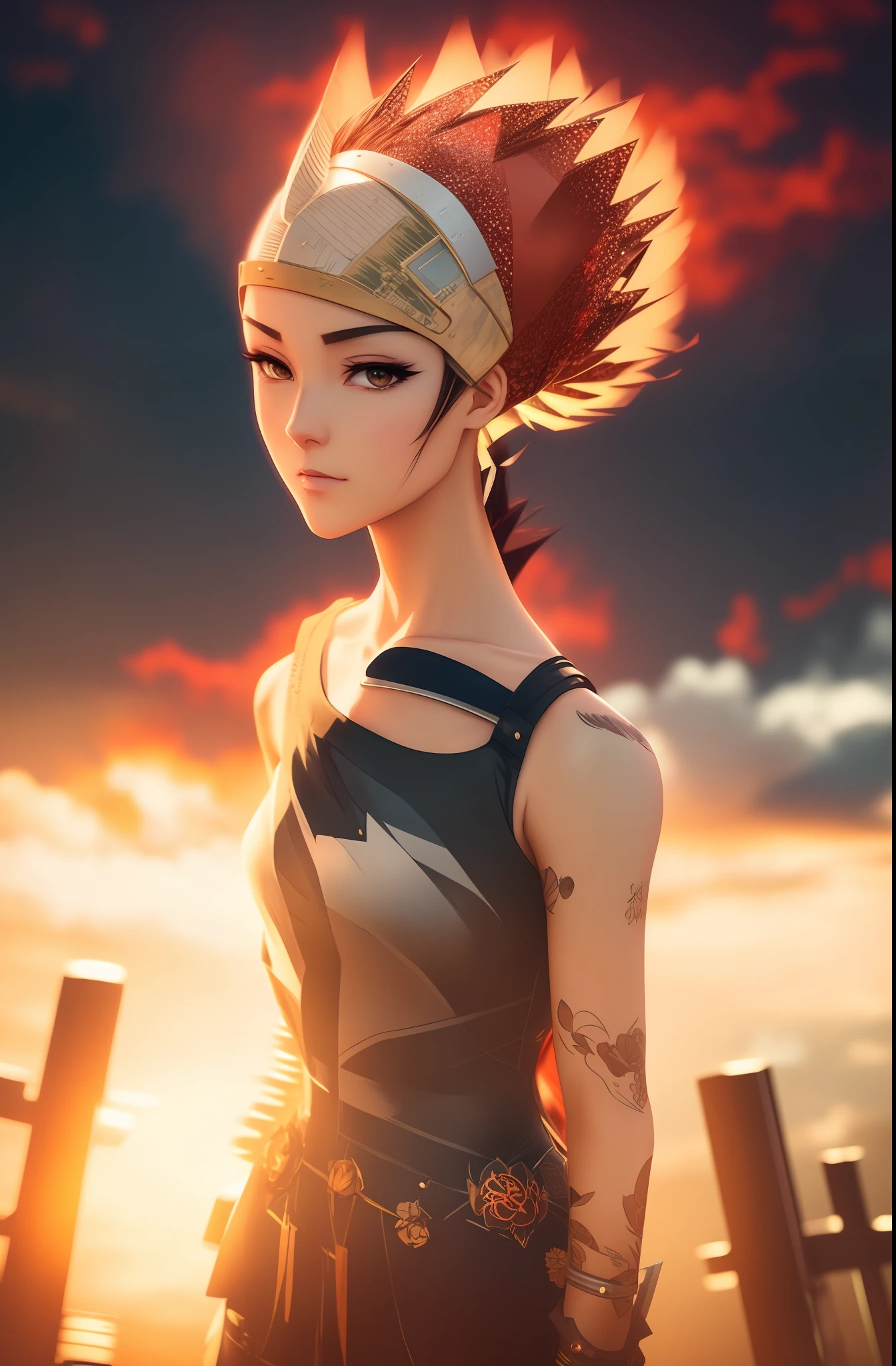 a woman with a mohawk on her head and a dress on, anime styled 3d, artwork in the style of guweiz, anime styled digital art, anime style 4 k, 3 d render character art 8 k, anime style. 8k, realistic anime 3 d style, beautiful digital artwork, badass anime 8 k, 3 d anime realistic