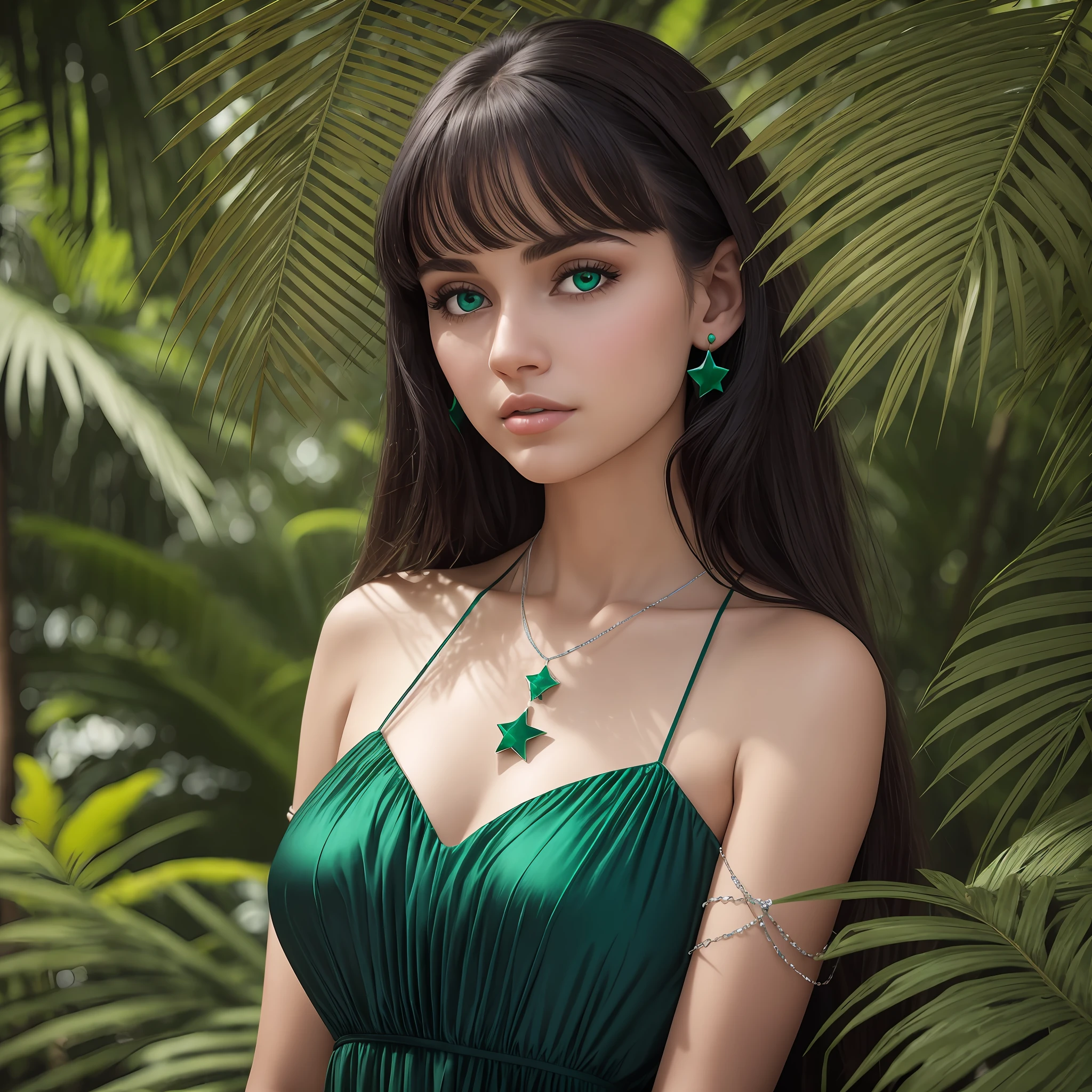 Young white American woman with dark green eyes, wearing a star-shaped emerald necklace, dark brown hair, long black dress. Detail: dark forest in blue tone with coconut trees. 4k, hyporealistic, best picture. --auto --s2