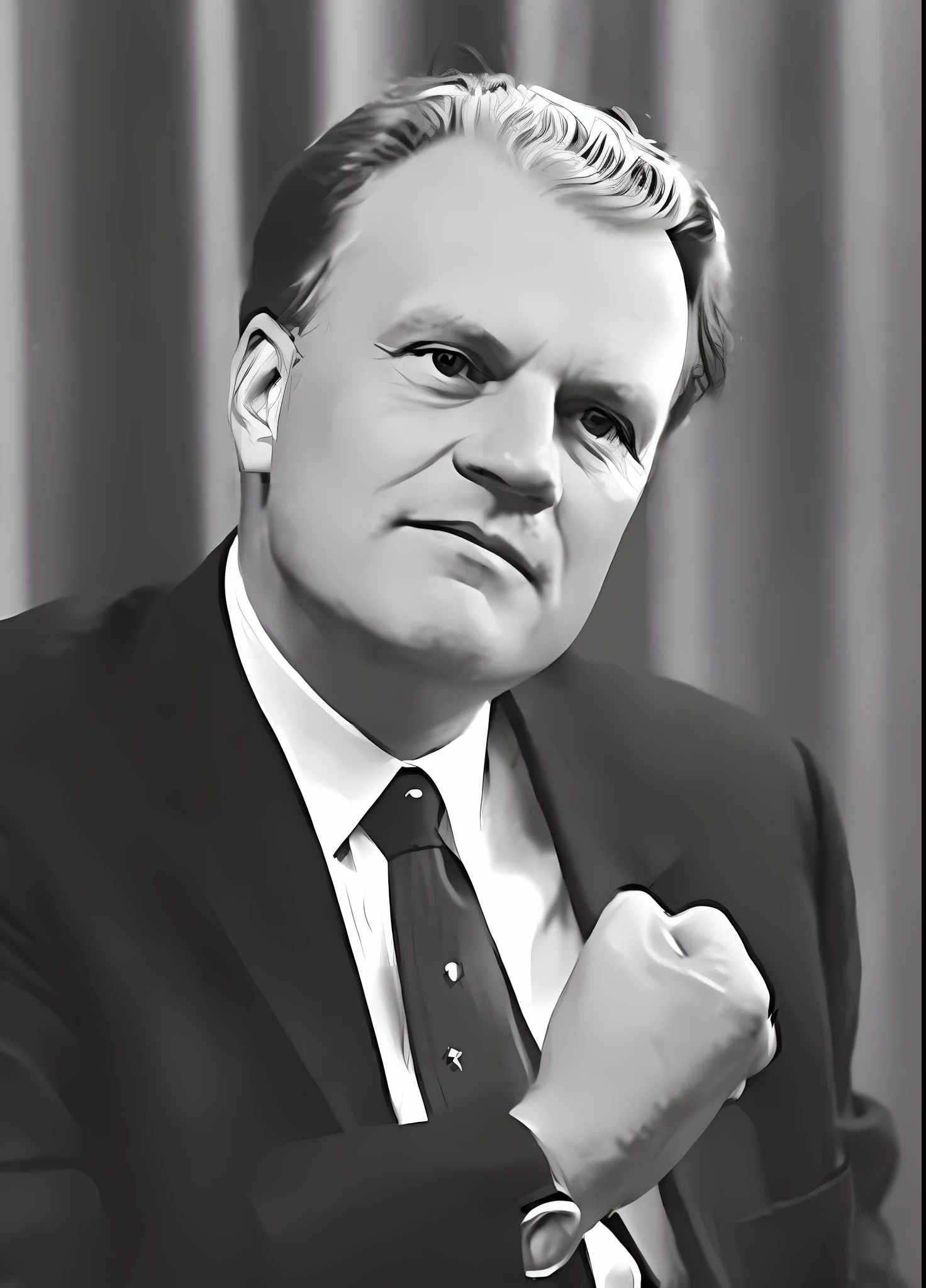 arafed black and white photo of a man in a suit and tie, inspired by Paul Harvey, niels otto møller, luis rollo, may), promo image, by Paul Harvey, president of belorussia, senator armstrong, frank sedlacek, by Johan Edvard Mandelberg, smug look, harold newton, jfk, vladimir nikolov, nasa