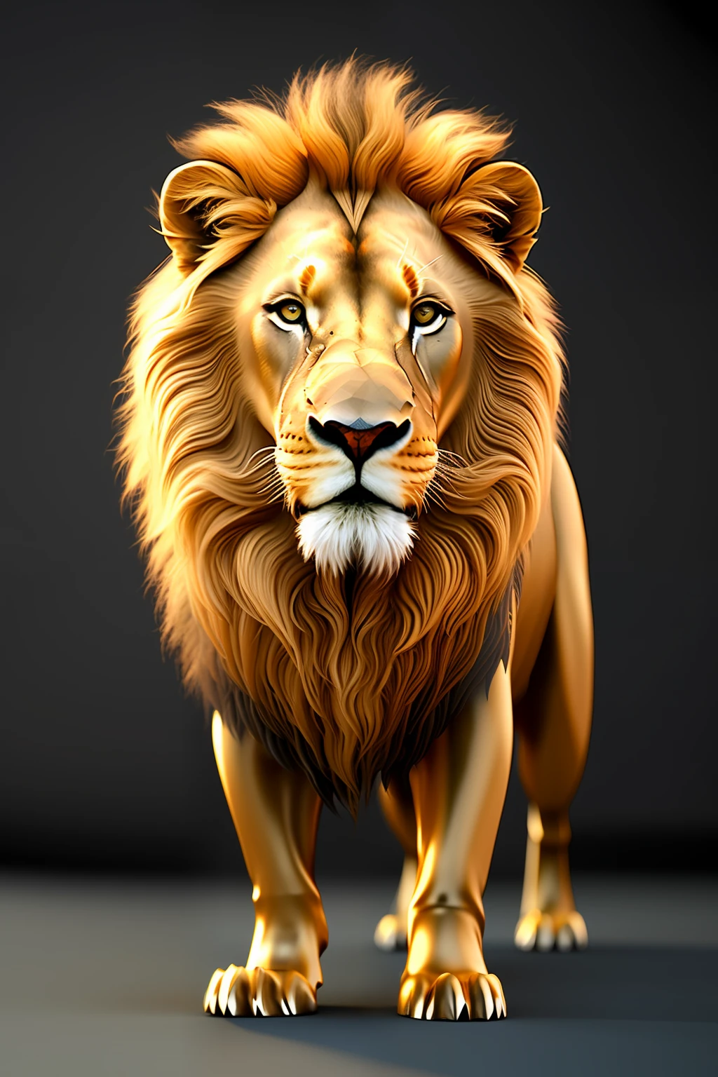 Lion, metal, golden, hollow, resplendent, high brightness, realistic, 8k, high quality, well-defined details, strong,