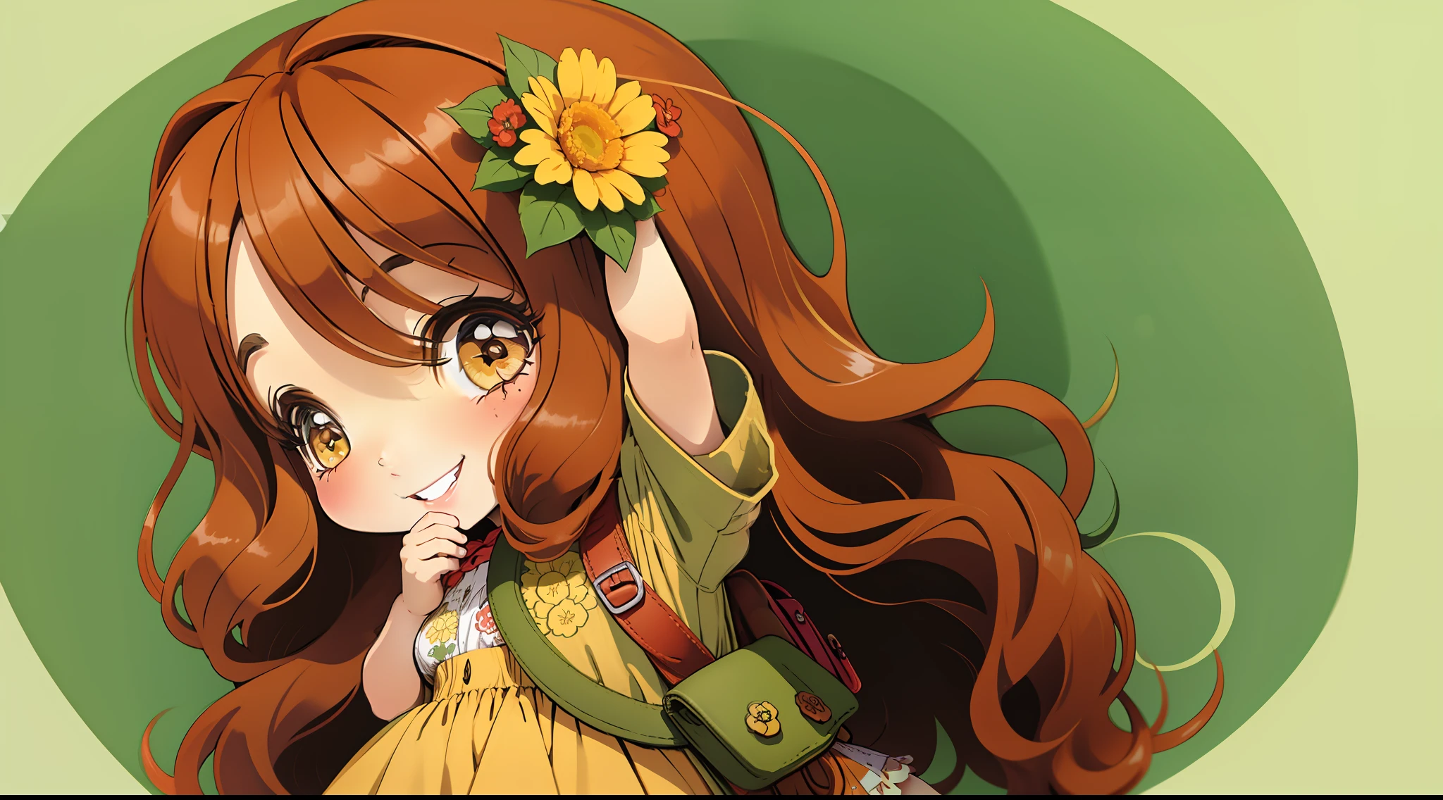 Chibi, adventurous girl, long wavy hair in a coppery red shade with a yellow flower in the hair, friendly light brown eyes, cheerful smile, funny expression, light green dress, with a backpack on the back, Stardew Valley background
