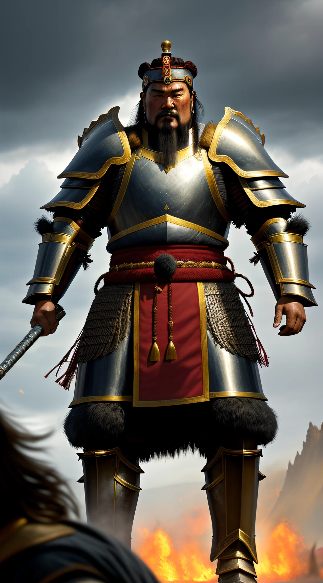 (best quality, high resolution, oil painting, official art:1.2, by Greg Rutkowski), Genghis Khan, (towering presence in traditional Mongolian battle armor:1.4), commanding the battlefield, fearsome and relentless, battlefield-setting with scattered warriors, stormy sky overhead, dust and debris in the air, intense lighting, realistic depiction of armor intricacies, capturing the ferocity of Khan's dominion.
