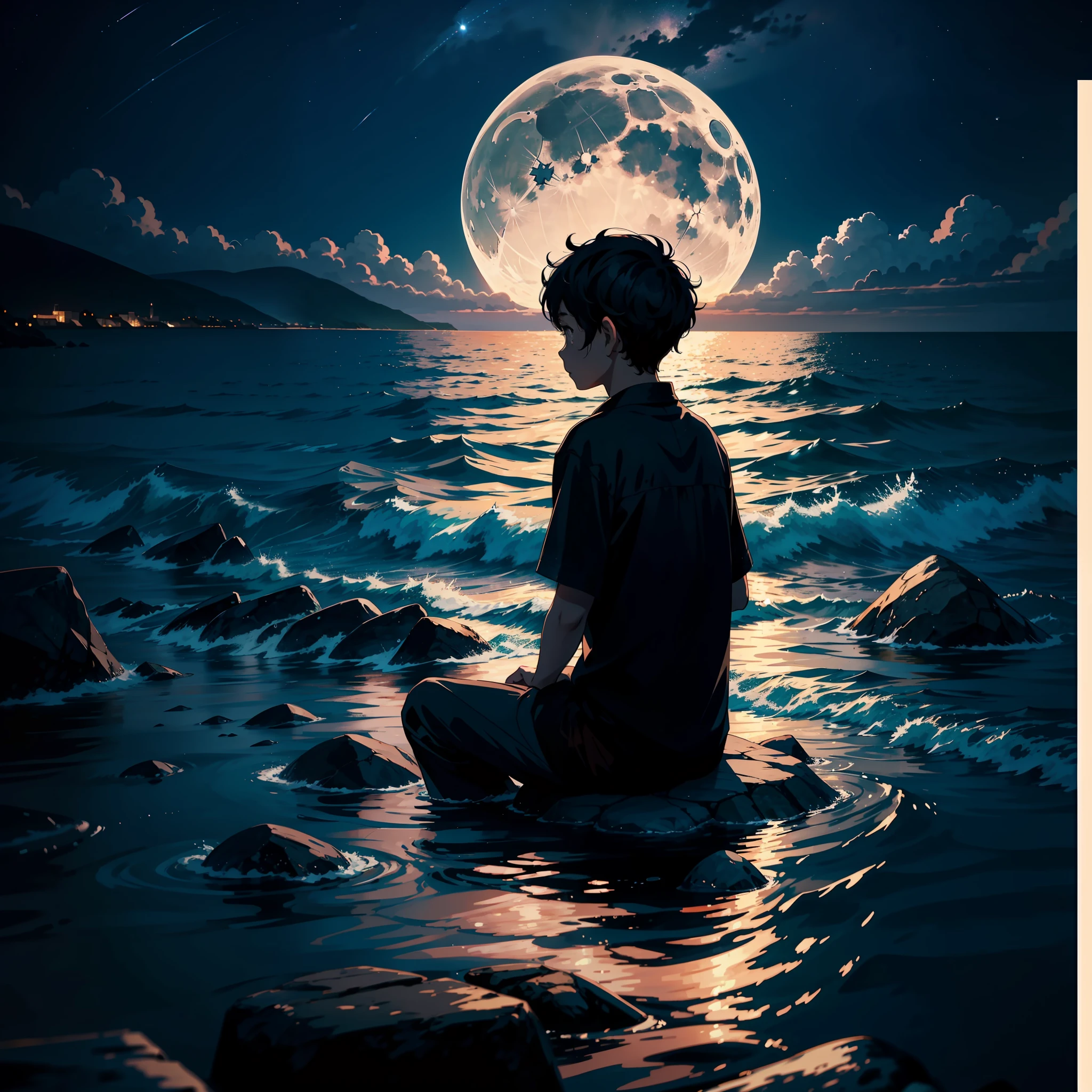 Silhouette of boy in front of the sea at night, sitting on a small stone wall with moonlight, good lighting, beautiful sea, water reflection, 4k, 8k, detailed sky with beautiful colors, moon detailed, super detailed image, HD, beautiful colors
