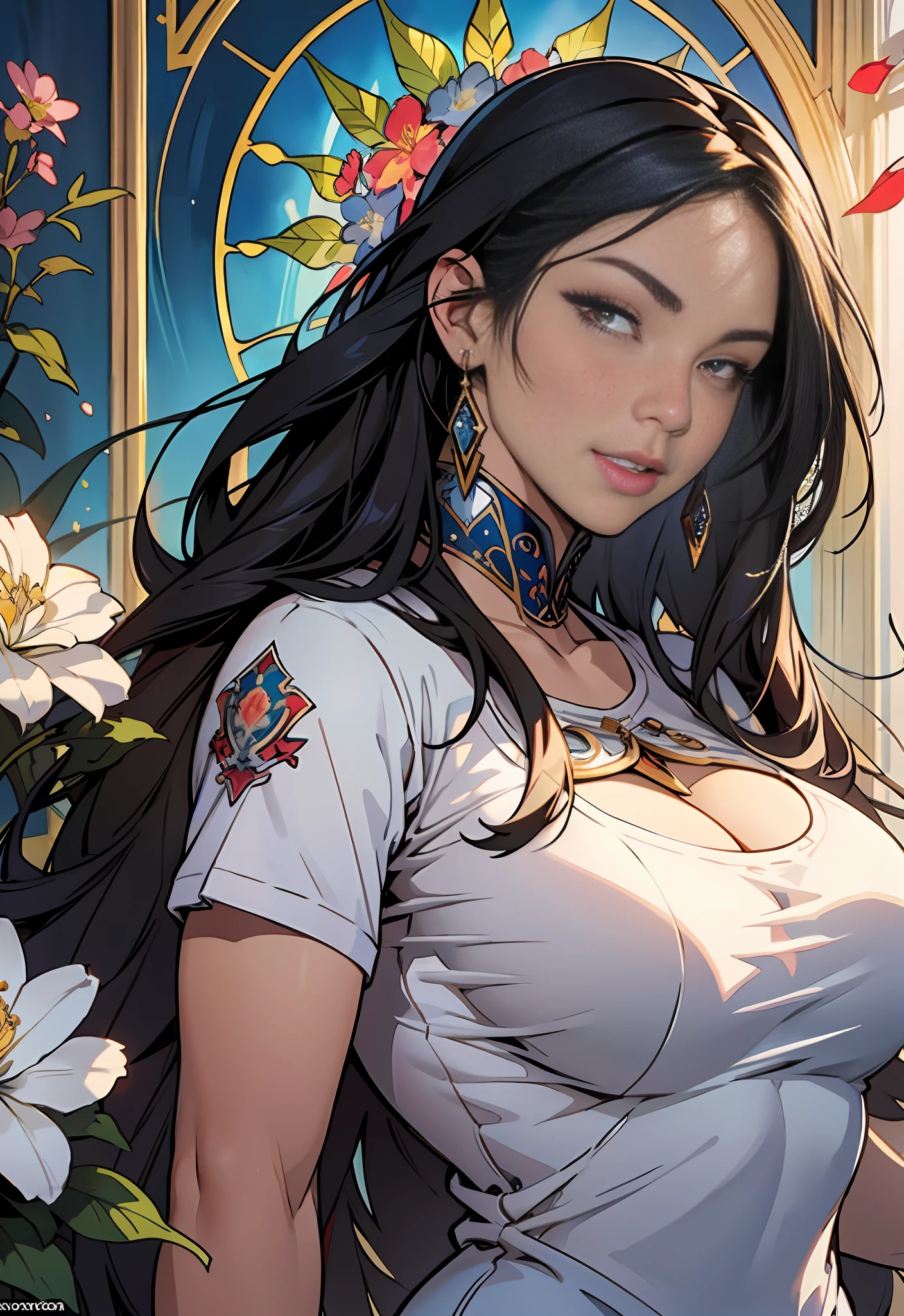 Style: : 2.0 comix illustration style, tatoon style, comic book style, ashley alexiss argentina, beautiful woman with ultra detailed long hair, (beautiful and clear background: 1.2), fantastic paintings, graffiti style, flowers, highly detailed eyes, a white t-shirt or dress with a jaeans jacket and white blouse underneath, with both cuffs in fighting position,  and bracelets, fighting an enemy, with long black hair, stained glass windows, tongue slightly out, vibrant, alphonse mucha style, fantastic paintings by Joe Madureira, high quality, --air 3:4 --upbeta --test --creative --upbeta --upbeta --upbeta --upbeta, masterpiece, best quality, high quality, extremely detailed CG unity 8K wallpaper, scenery, award-winning photography, HDR, extremely detailed, trend in artstation,  trend in cgsociety, intricate, high detail, art by midjourney style::STYLE JKenneth Rocafort ::2.9 (masterpiece:1.2, best quality), (finely detailed beautiful eyes: 1.2), ((1girl Kelly Brook very beautiful woman big chest )), ((solo)), (red eyes:1.4), (finely detailed eyes and detailed face:1.3),), (with jeans and a white t-shirt or dress:1.3), (beautiful and clear background:1.2),  (CG extremely detailed, ultra-detailed, best shadow:1.1), ((depth of field)), ((watercolor)), large breasts, bare shoulders, flowers and petals, beautiful conceptual illustration, (white background:0.5), (illustration:1.1), (extremely thin and beautiful:1.1), (perfect details:1.1)