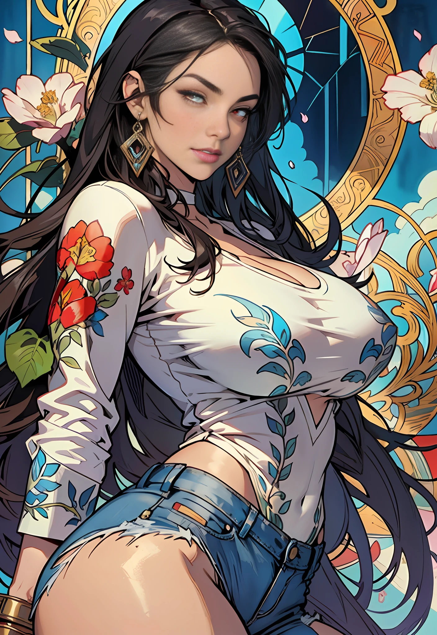 Style: : 2.0 comix illustration style, tatoon style, comic book style, ashley alexiss argentina, beautiful woman with ultra detailed long hair, (beautiful and clear background: 1.2), fantastic paintings, graffiti style, flowers, highly detailed eyes, a white t-shirt or dress with a jaeans jacket and white blouse underneath, with both cuffs in fighting position,  and bracelets, fighting an enemy, with long black hair, stained glass windows, tongue slightly out, vibrant, alphonse mucha style, fantastic paintings by Joe Madureira, high quality, --air 3:4 --upbeta --test --creative --upbeta --upbeta --upbeta --upbeta, masterpiece, best quality, high quality, extremely detailed CG unity 8K wallpaper, scenery, award-winning photography, HDR, extremely detailed, trend in artstation,  trend in cgsociety, intricate, high detail, art by midjourney style::STYLE JKenneth Rocafort ::2.9 (masterpiece:1.2, best quality), (finely detailed beautiful eyes: 1.2), ((1girl Kelly Brook very beautiful woman big chest )), ((solo)), (red eyes:1.4), (finely detailed eyes and detailed face:1.3),), (with jeans and a white t-shirt or dress:1.3), (beautiful and clear background:1.2),  (CG extremely detailed, ultra-detailed, best shadow:1.1), ((depth of field)), ((watercolor)), large breasts, bare shoulders, flowers and petals, beautiful conceptual illustration, (white background:0.5), (illustration:1.1), (extremely thin and beautiful:1.1), (perfect details:1.1)