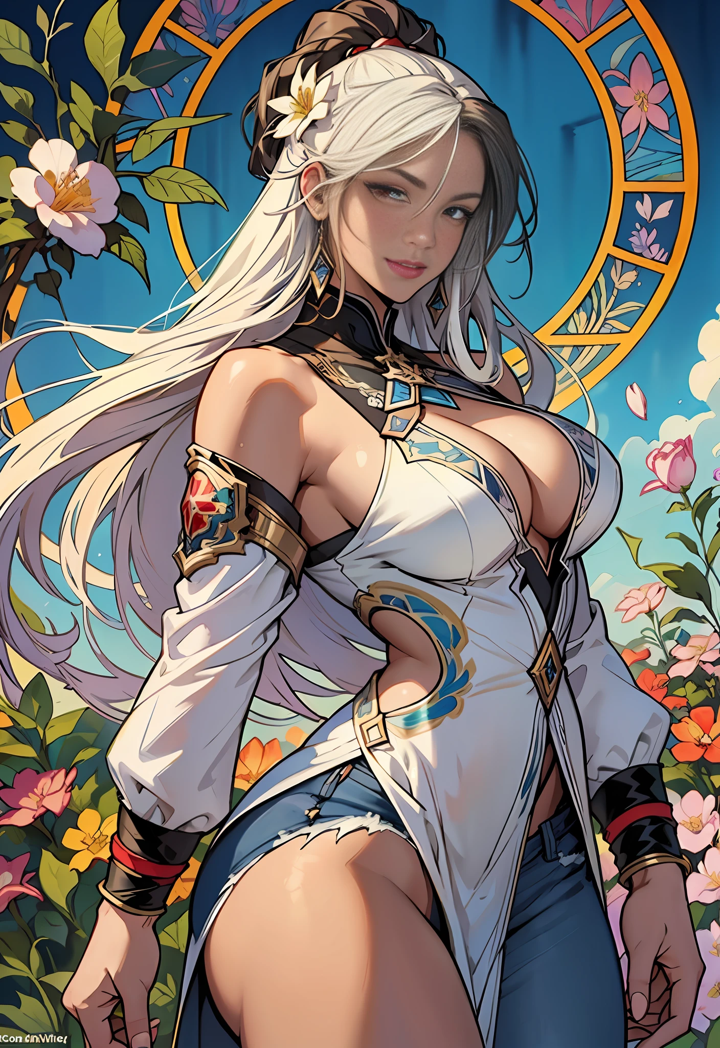 Style: : 2.0 comix illustration style, tatoon style, comic book style, ashley alexiss argentina, beautiful woman with ultra detailed long hair, (beautiful and clear background: 1.2), fantastic paintings, graffiti style, flowers, highly detailed eyes, a white t-shirt or dress with a jaeans jacket and white blouse underneath, with both cuffs in fighting position, and bracelets, fighting an enemy, with long black hair, stained glass windows, tongue slightly out, vibrant, alphonse mucha style, fantastic paintings by Joe Madureira, high quality, --air 3:4 --upbeta --test --creative --upbeta --upbeta --upbeta --upbeta, masterpiece, best quality, high quality, extremely detailed CG unity 8K wallpaper, scenery, award-winning photography, HDR, extremely detailed, trend in artstation, trend in cgsociety, intricate, high detail, art by midjourney style::STYLE JKenneth Rocafort ::2.9 (masterpiece:1.2, best quality), (finely detailed beautiful eyes: 1.2), ((1girl Kelly Brook very beautiful woman big chest )), ((solo)), (red eyes:1.4), (finely detailed eyes and detailed face:1.3),), (with jeans and a white t-shirt or dress:1.3), (beautiful and clear background:1.2), (CG extremely detailed, ultra-detailed, best shadow:1.1), ((depth of field)), ((watercolor)), large breasts, bare shoulders, flowers and petals, beautiful conceptual illustration, (white background:0.5), (illustration:1.1), (extremely thin and beautiful:1.1), (perfect details:1.1)