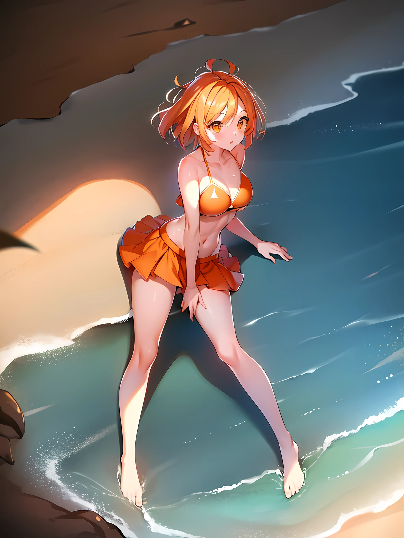 orange eyes light,richly faded light orange hair, anime 1girl , full body, bikini, cry