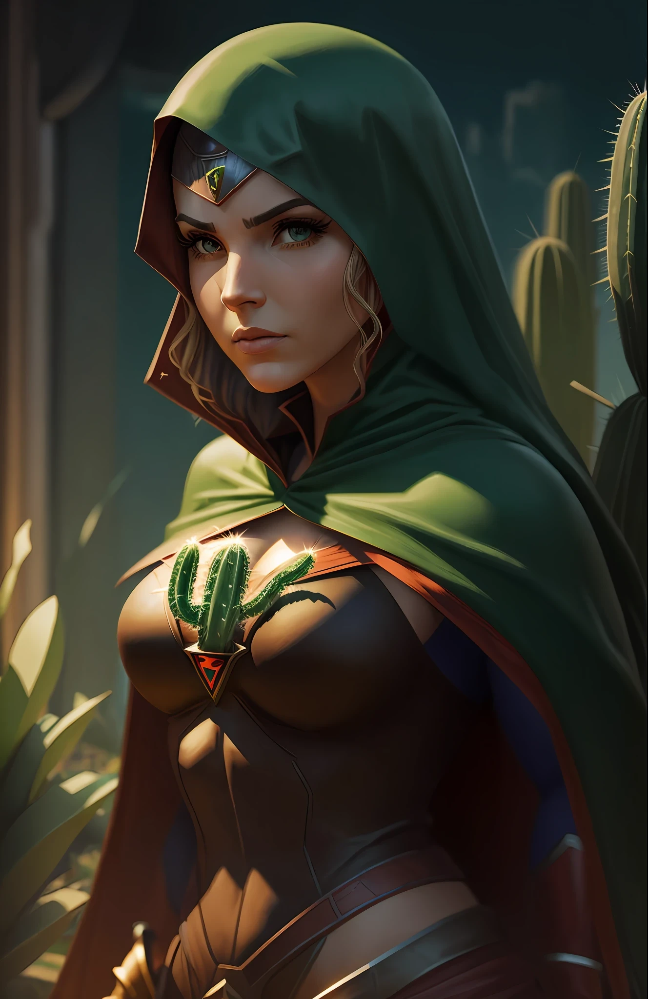 Realistic superheroine cactus with a cape --auto --s2