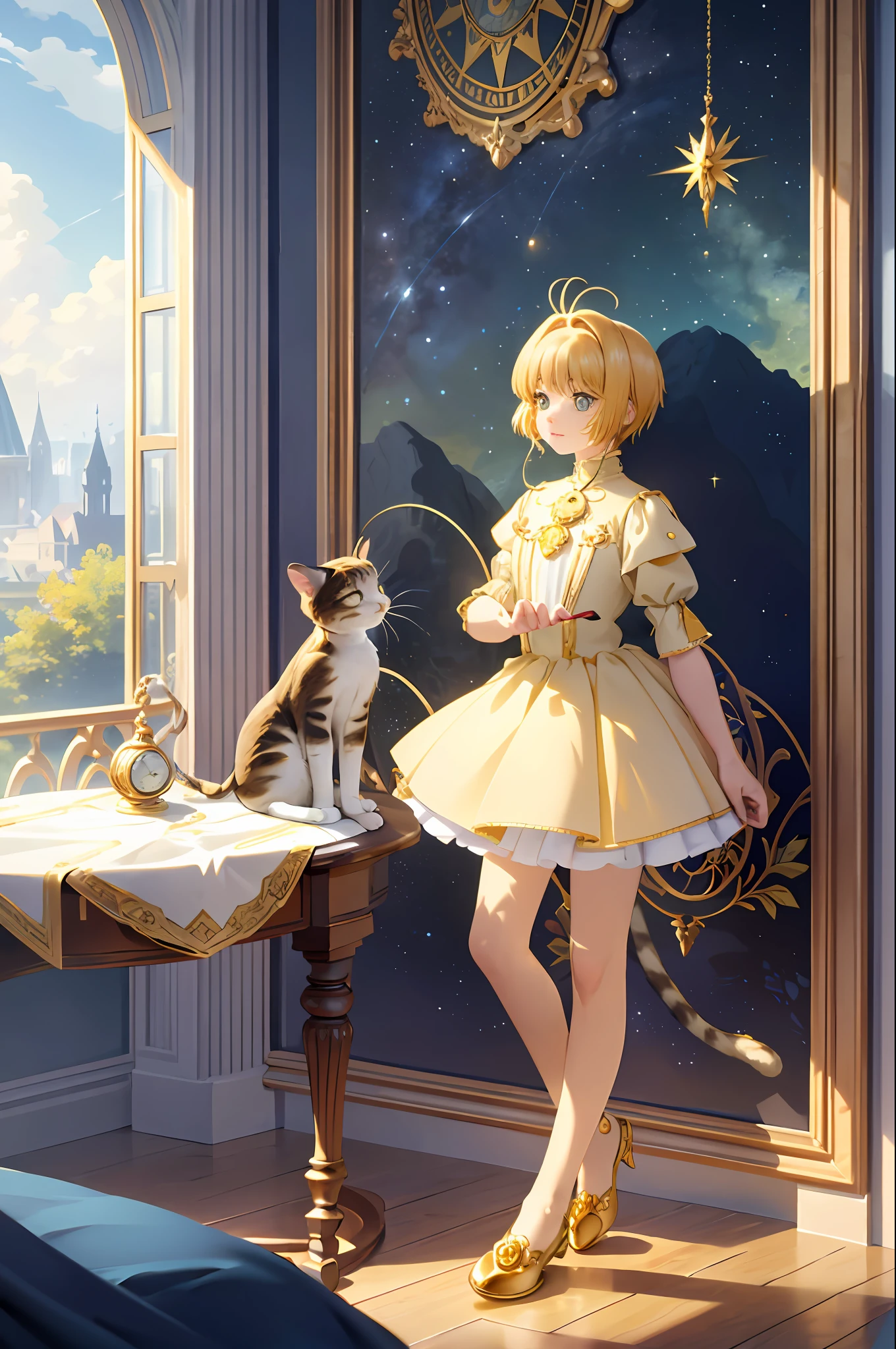 Realistic, (Masterpiece, Superior Quality, Best Quality, Official Art, Beautiful and Aesthetic: 1.2), Very Detailed, Fractal Art, Colorful, More Detailed, (Abstract Background: 1.5) (1girl: 1.3), (Cat Class), yellow hair, bright eyes, serious, hairstyle back, short hair, , Milky Way, huge magic gold Leo Astrolabe, dream, fantasy, golden trim, beautiful detailed sky, style and decoration for Leo,  goddess leo, (NSFW:0.8)
delicate refectory and high glass guardrail