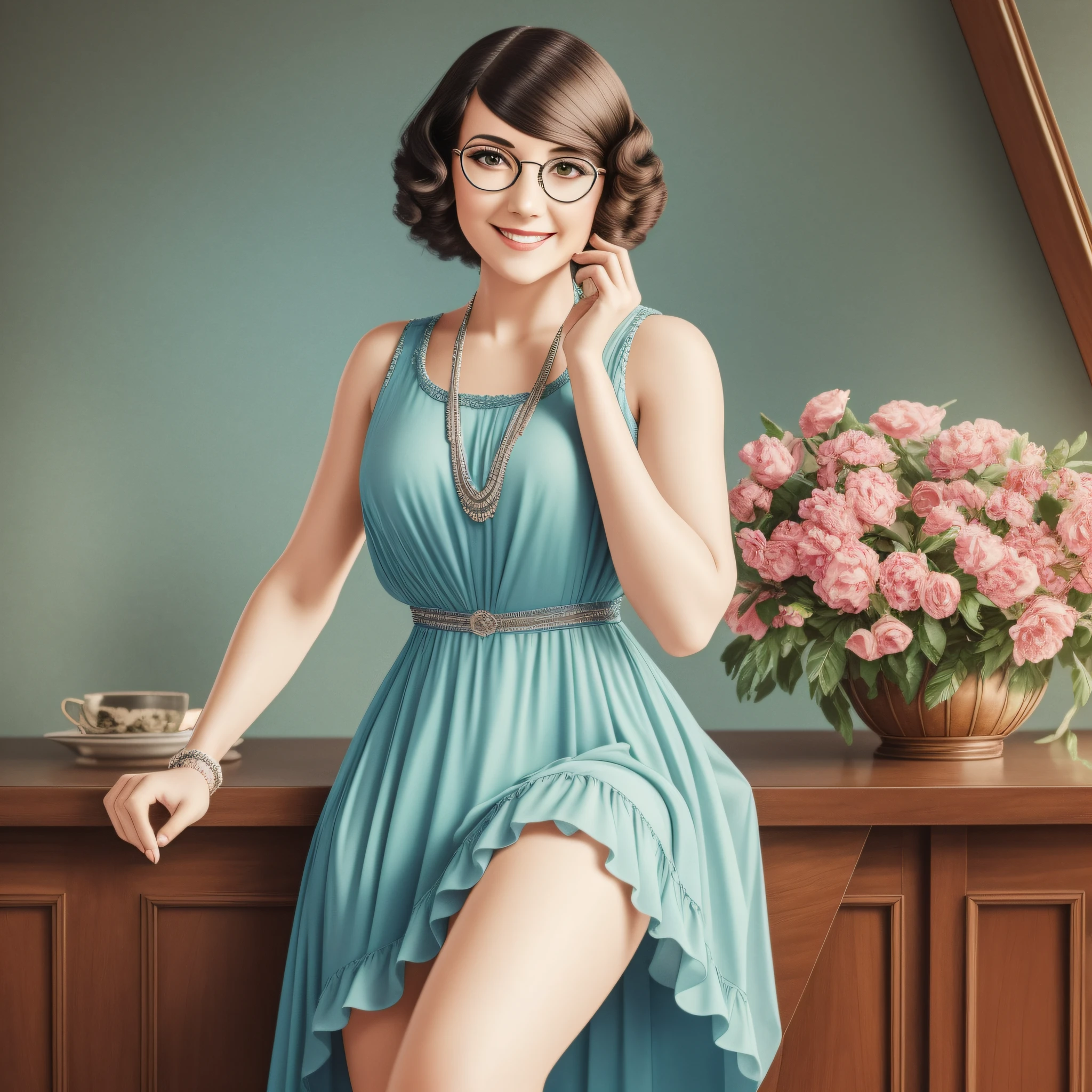 a closeup of a woman in a dress, 1 9 2 0, early 20s, 1920s photo, 1 9 3 0 s haircut, photo of a woman, beautiful woman, wearing short dress, facing the camera, short dress with hands on smiling face, 1 9 2 0 s cloth hair, Photography from the 1920s, glasses of the time, 4K, FullHD, 8K, 16K, super realistic image. --auto --s2
