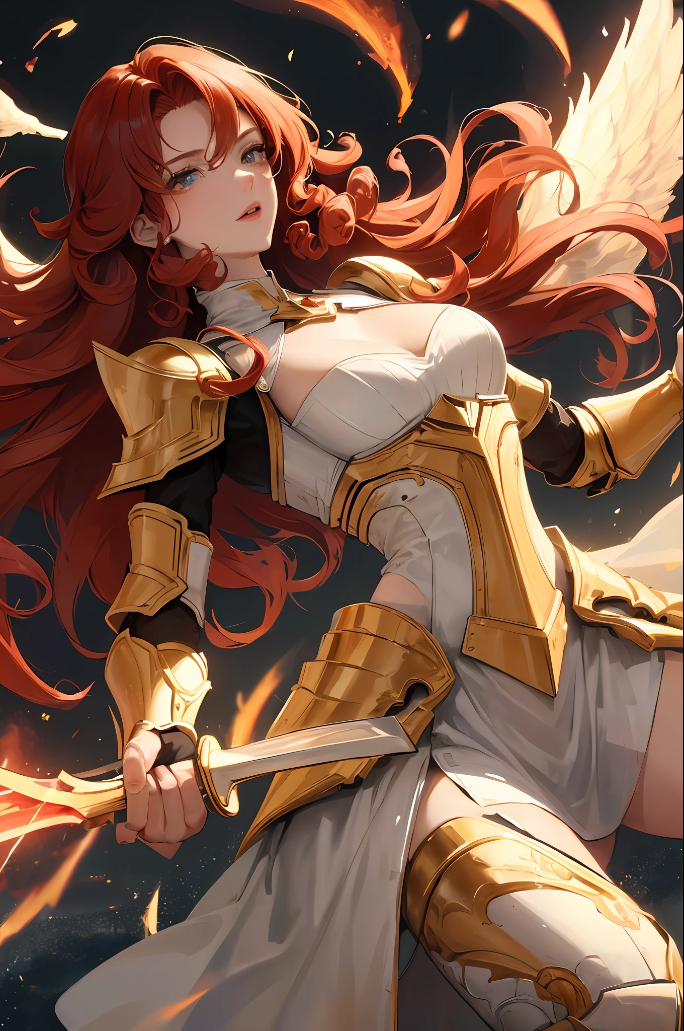 (High-definition texture at film level) The (female) shows a beautiful (face) and (angel wings). She has (delicate face) and long (red curly hair), wears technological armor and safe (flaming sword).