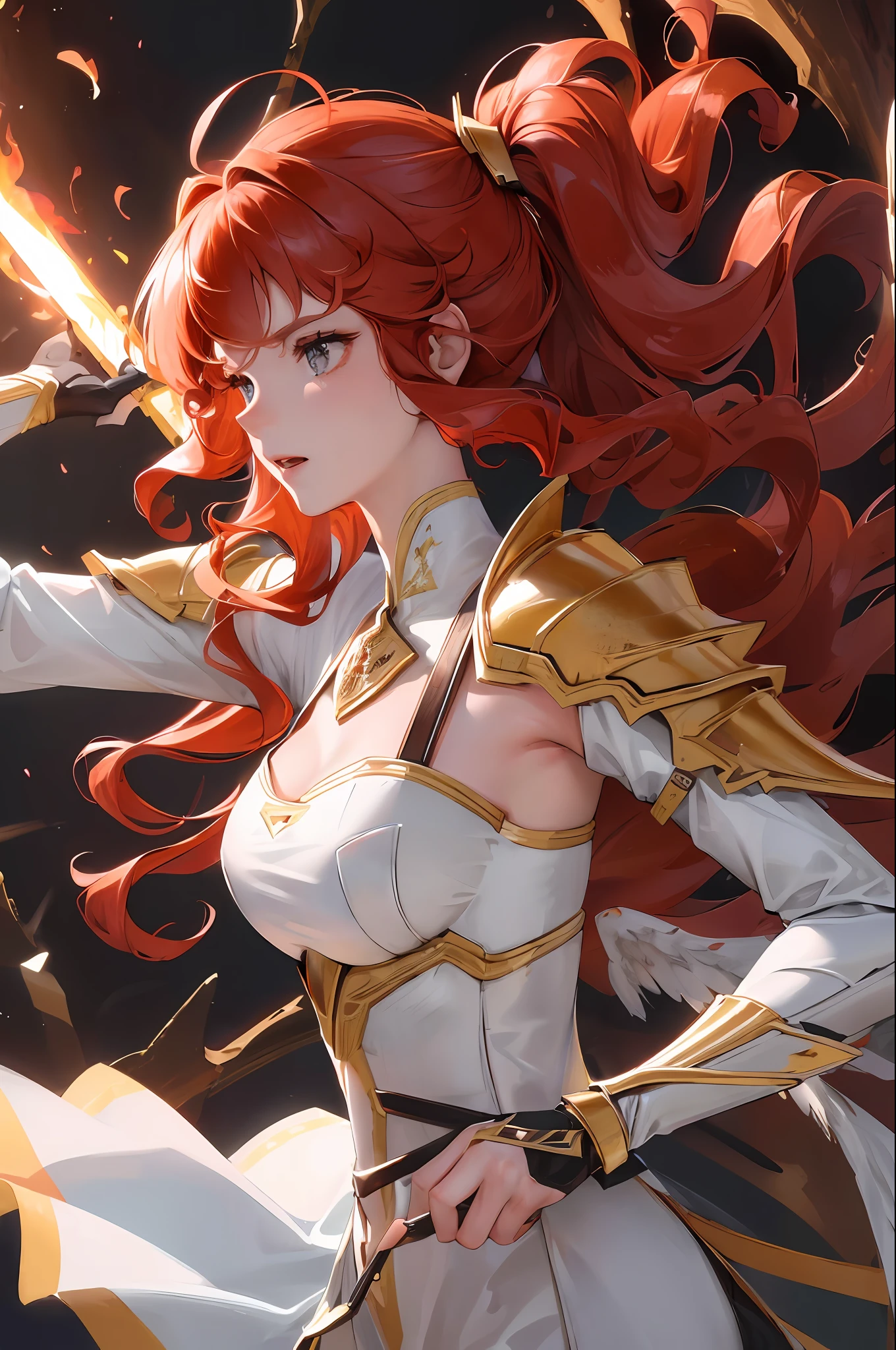 (High-definition texture at film level) The (female) shows a beautiful (face) and (angel wings). She has (delicate face) and long (red curly hair), wears technological armor and safe (flaming sword).