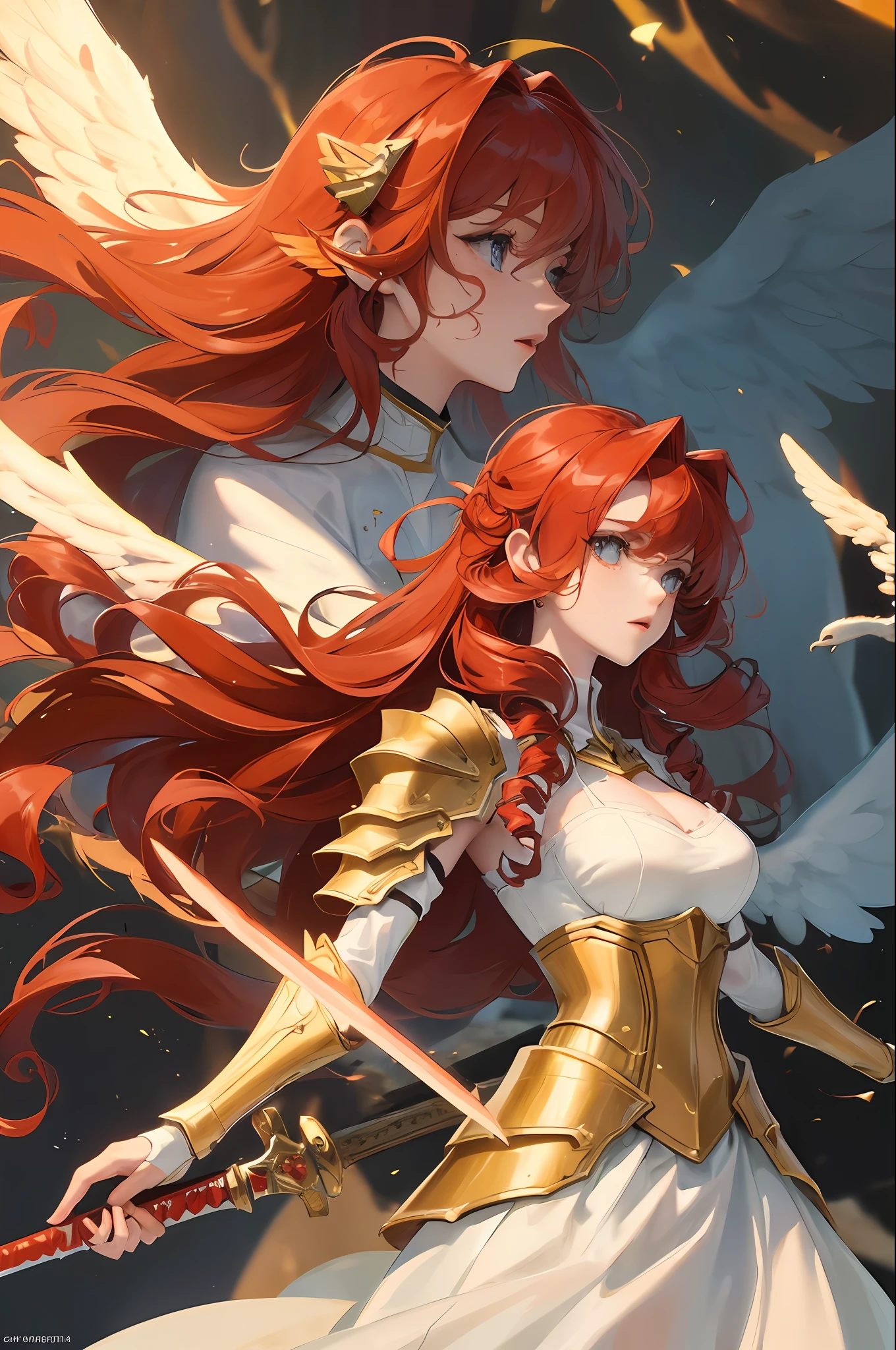 (High-definition texture at film level) The (female) shows a beautiful (face) and (angel wings). She has (delicate face) and long (red curly hair), wears technological armor and safe (flaming sword).