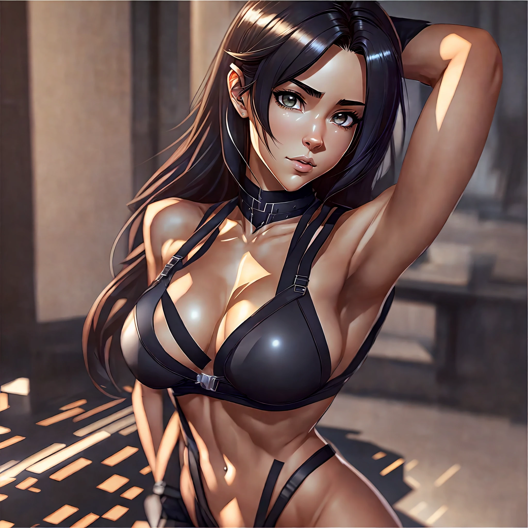 Arafed woman in a black lingerie posing in a room, sexy body, seductive anime girl, sensual body with sexy belly, sexy girl, black bra, photorealistic perfect body, beautiful seductive anime woman, beautiful woman's body, seductive portrait Tifa Lockhart, brown hair and a perfect body, perfect realistic shadow body, sexy hot body, Tifa Lockhart, onlyfans