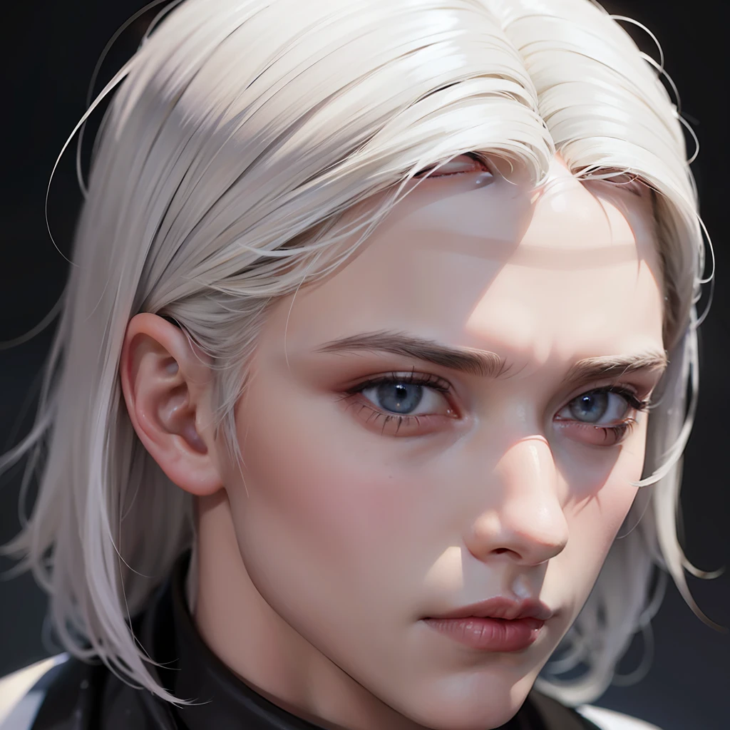 photography, BALENCIAGA, best quality, 1 boy, man, face photo, sharp face, thin face, sculptural defined, black background, shadows, dark light, photo portrait, focus face, predator look, white hair, bangs, white hair, blonde hair, light hair, white hair, light skin, white skin, straight hair, small hair, male focus, man